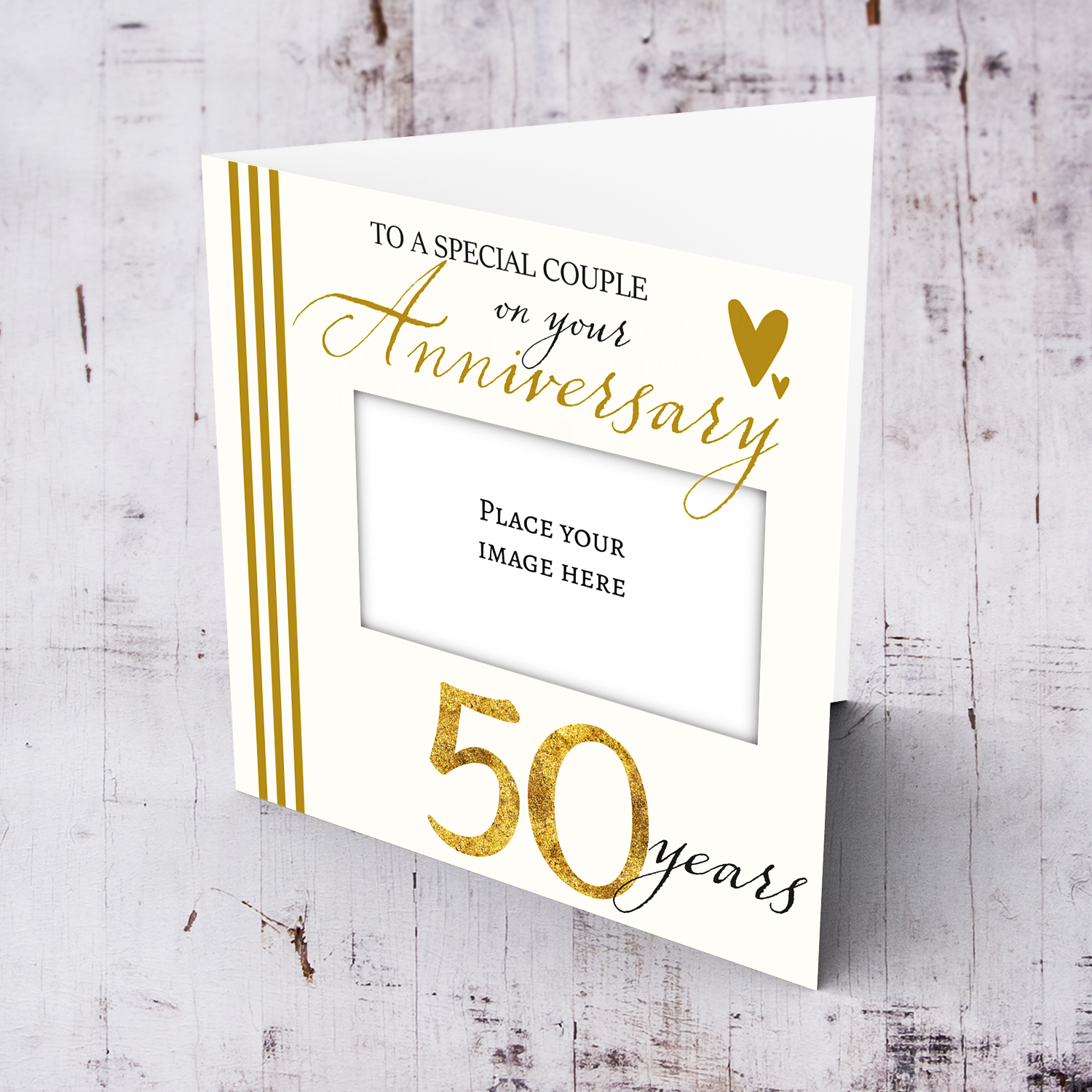 50th Golden wedding photo anniversary card for a special couple in black and gold text in English