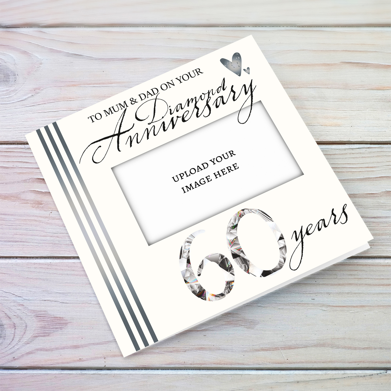 60th Diamond wedding photo anniversary card for parents in black and grey text in English