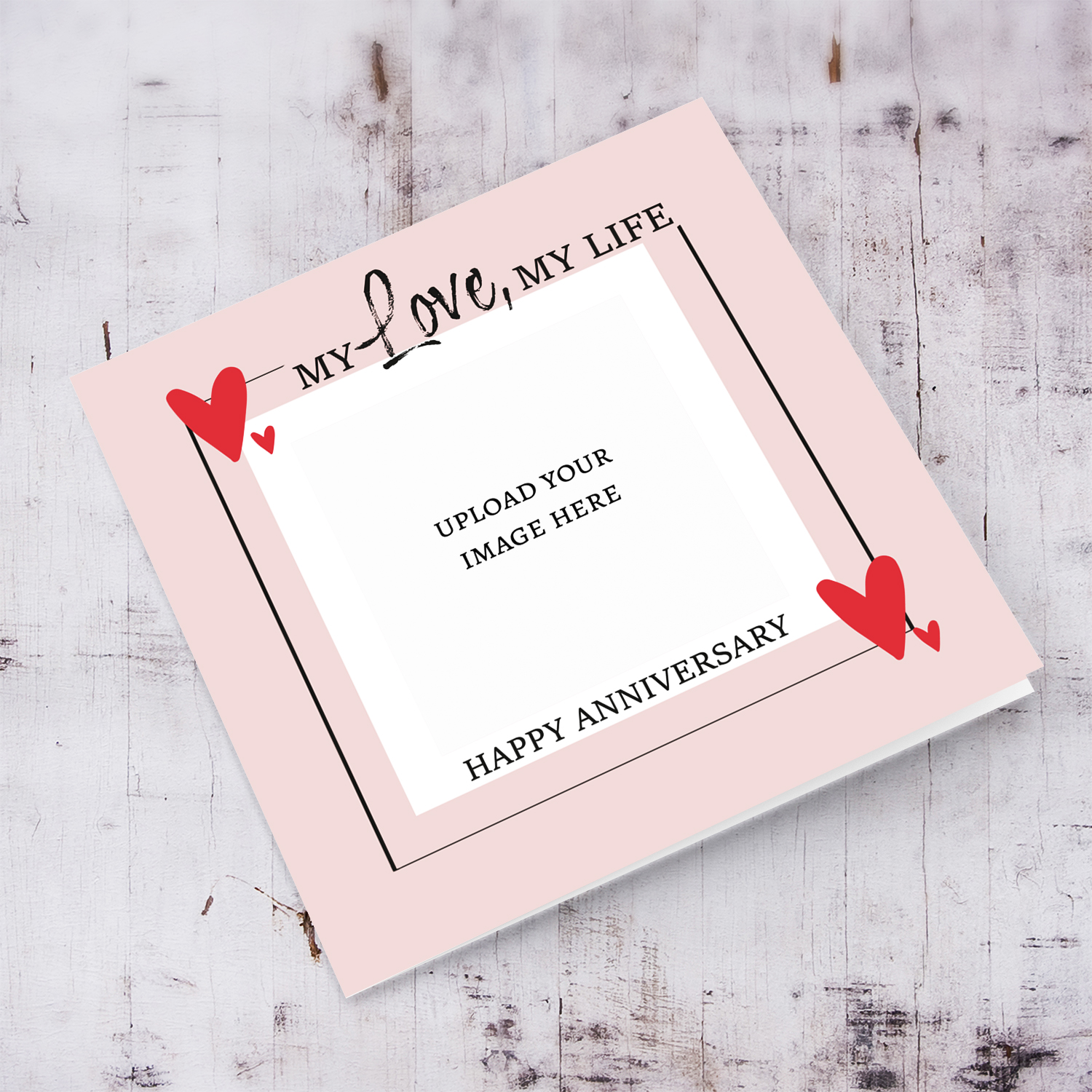 My love, my life - Happy Anniversary photo card with pink background and red hearts in English