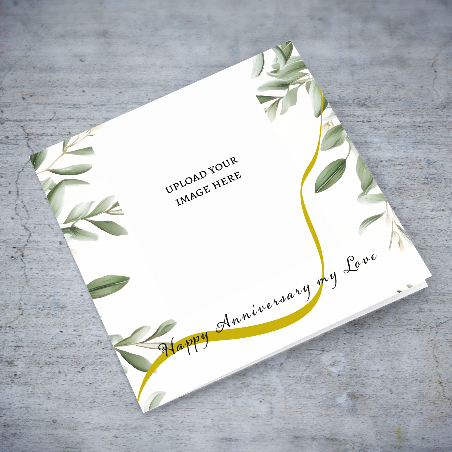 Happy Anniversary photo card with olive leaves in English