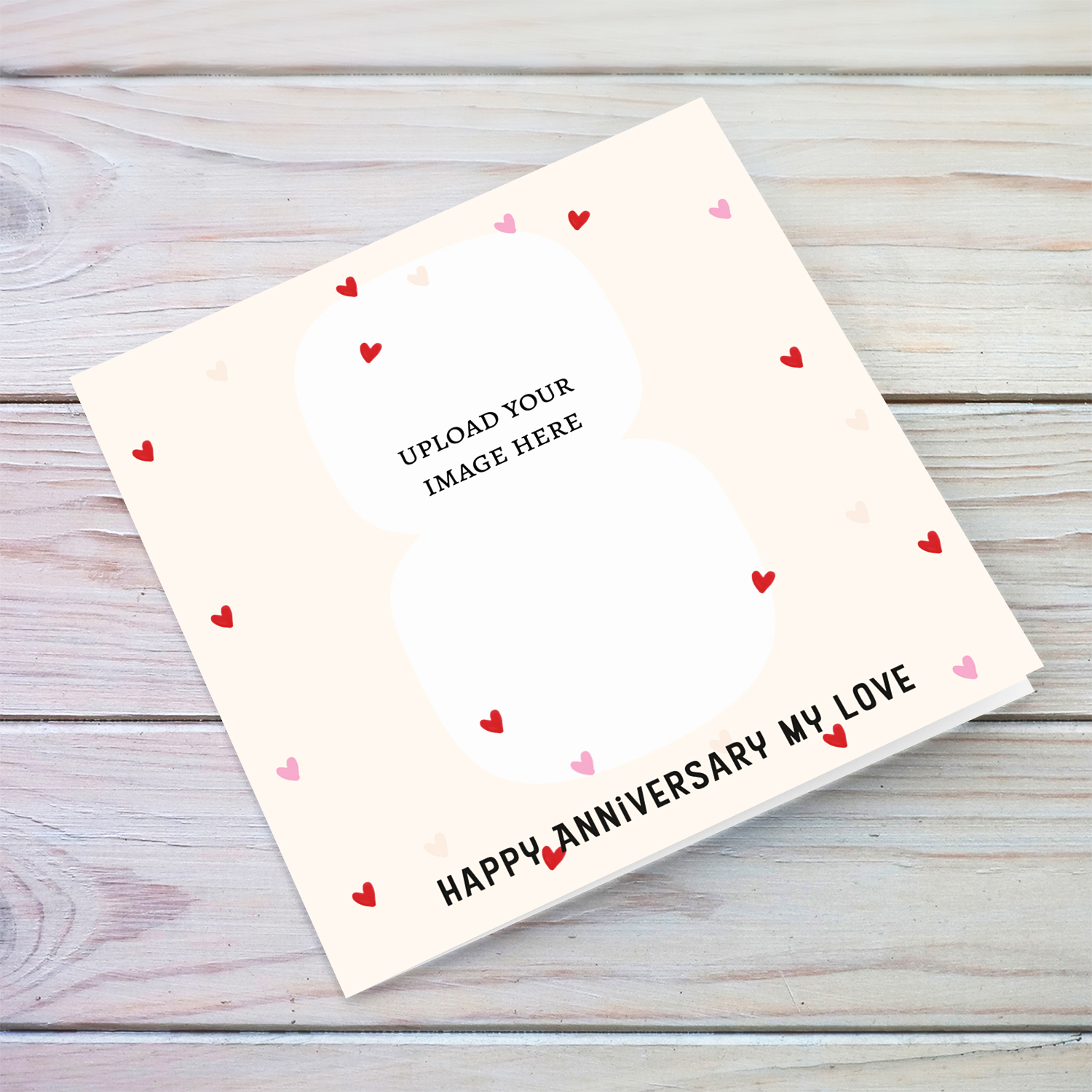 8th Anniversary eight shaped photo in cream background with scattered hearts in English