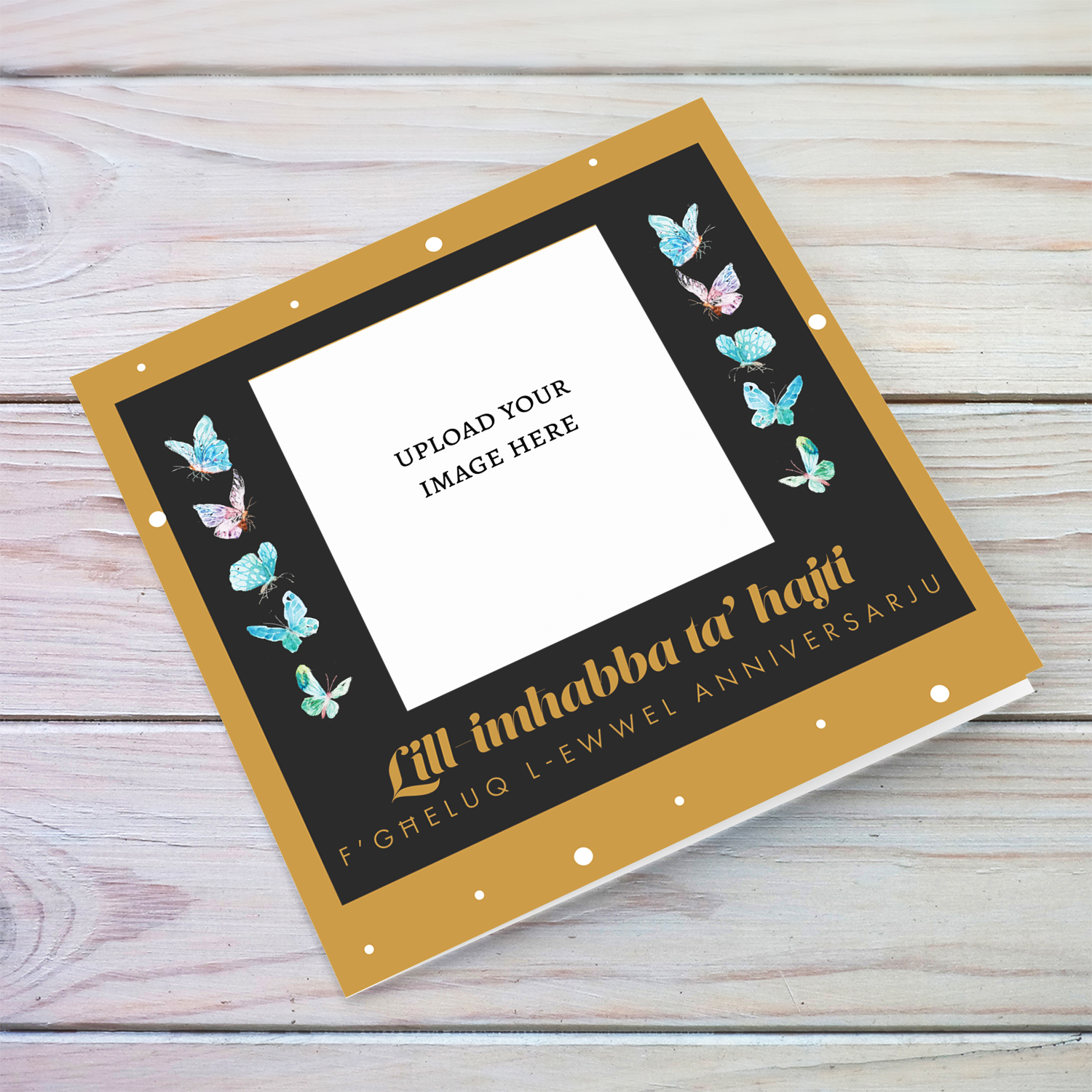 Photo FIRST anniversary card with golden and black background with butterflies - to the love of my life in Maltese