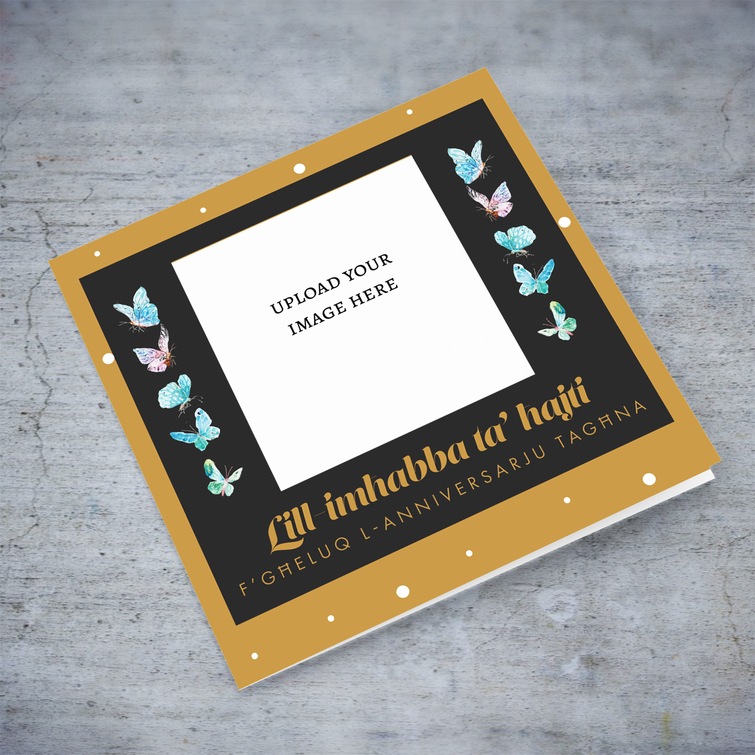 Photo anniversary card with golden and black background with butterflies - to the love of my life in Maltese