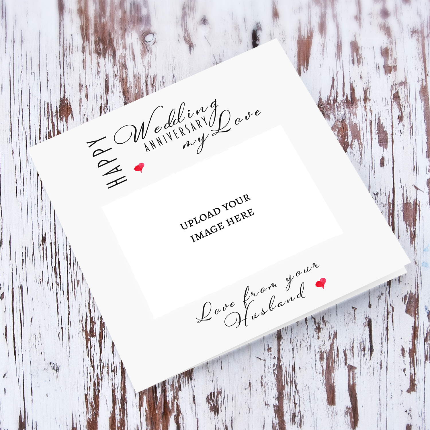Minimalist photo Anniversary card FROM HUSBAND in light gray background and small heart in English (Photo Tip: Black & White)