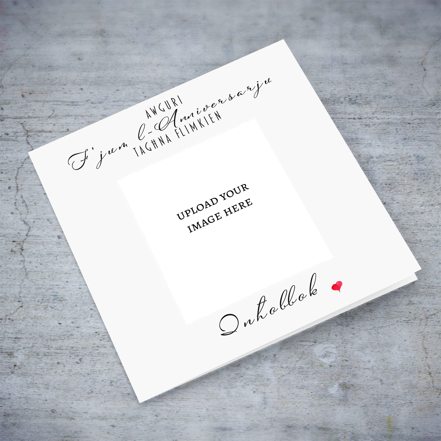 Minimalist photo Anniversary card in light gray background and small heart in Maltese (Photo Tip: Black & White)