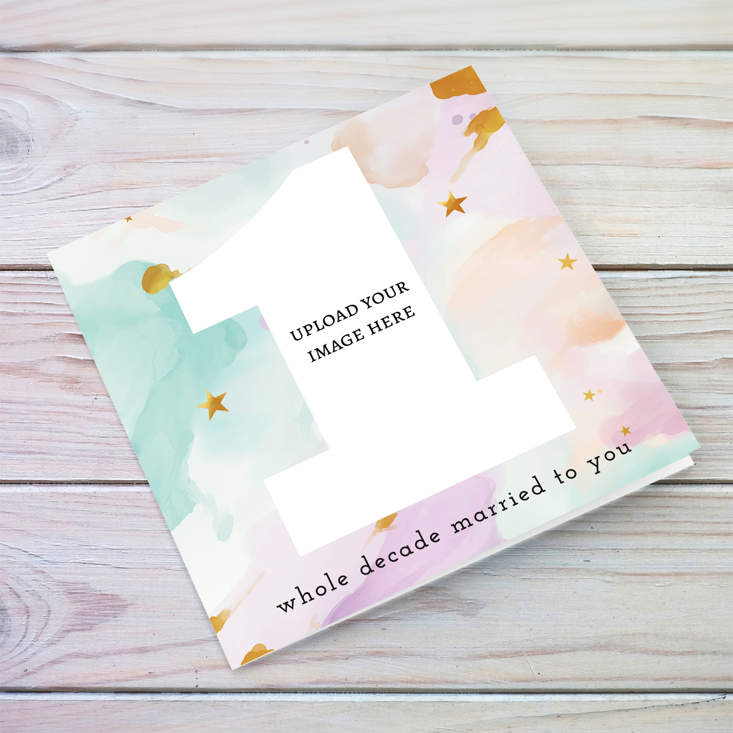 10 years / 1 decade wedding anniversary card in a colourful background in English