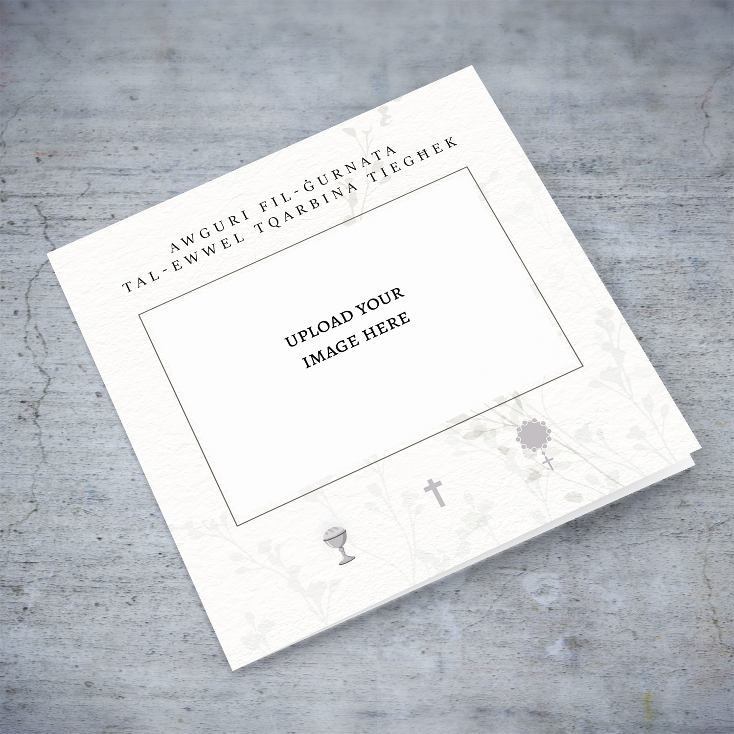 A minimalist photo card for first holy communion in Maltese featuring a chalice, cross and rosary beads in Maltese (Neutral & Unisex)