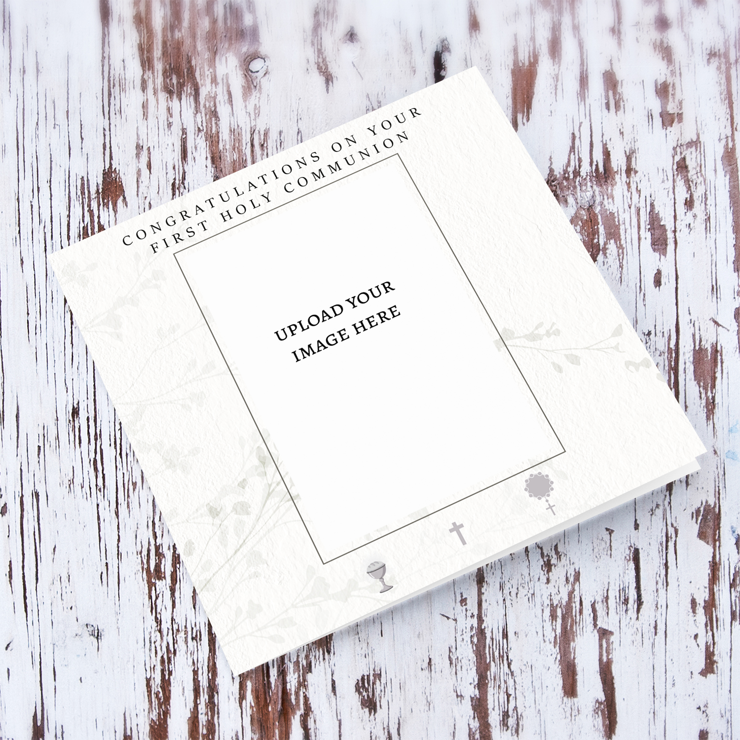 A minimalist photo card for first holy communion, featuring a chalice, cross and rosary beads in English