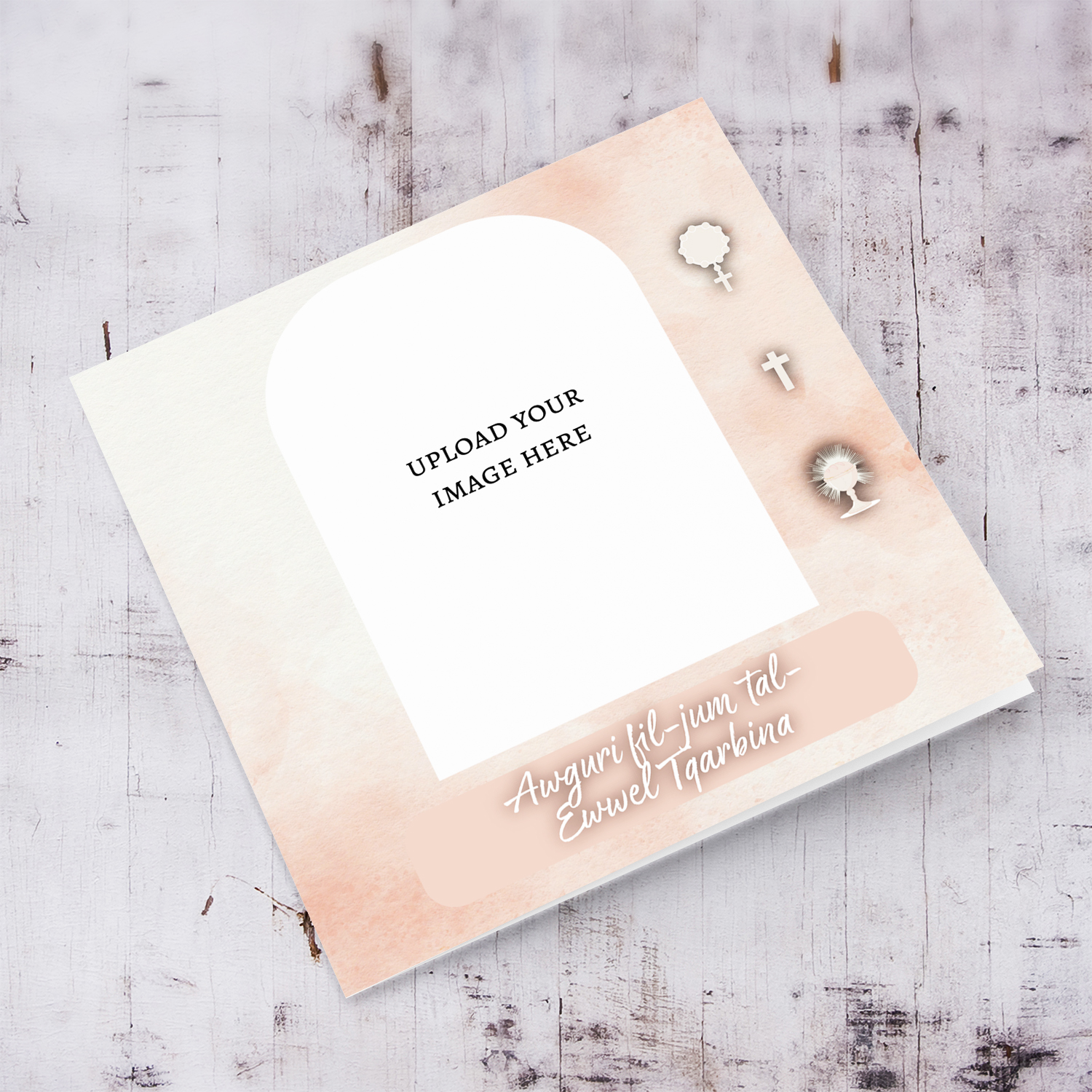 A light pink background First Holy Communion photo card in Maltese
