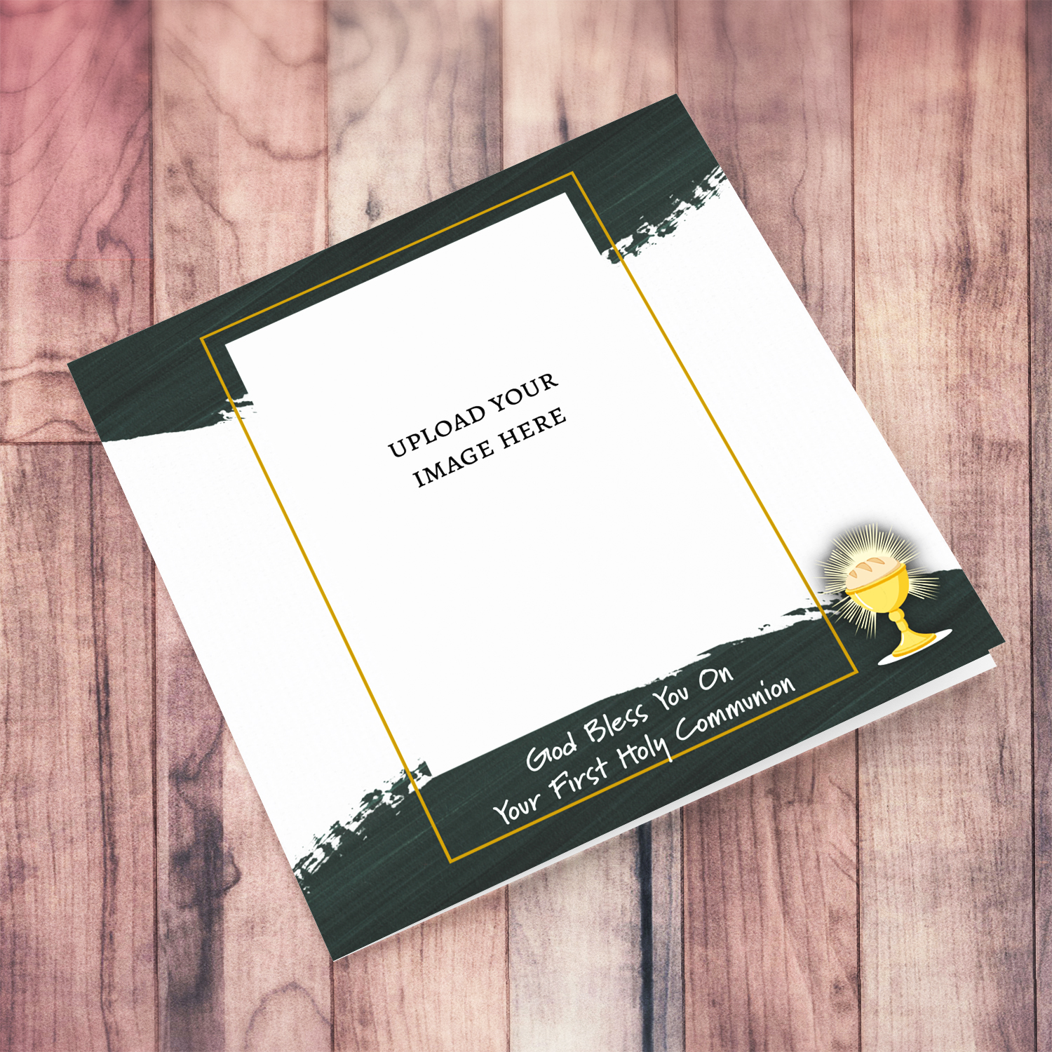 A neutral first holy communion photo card in a modern green background and thin gold border in English