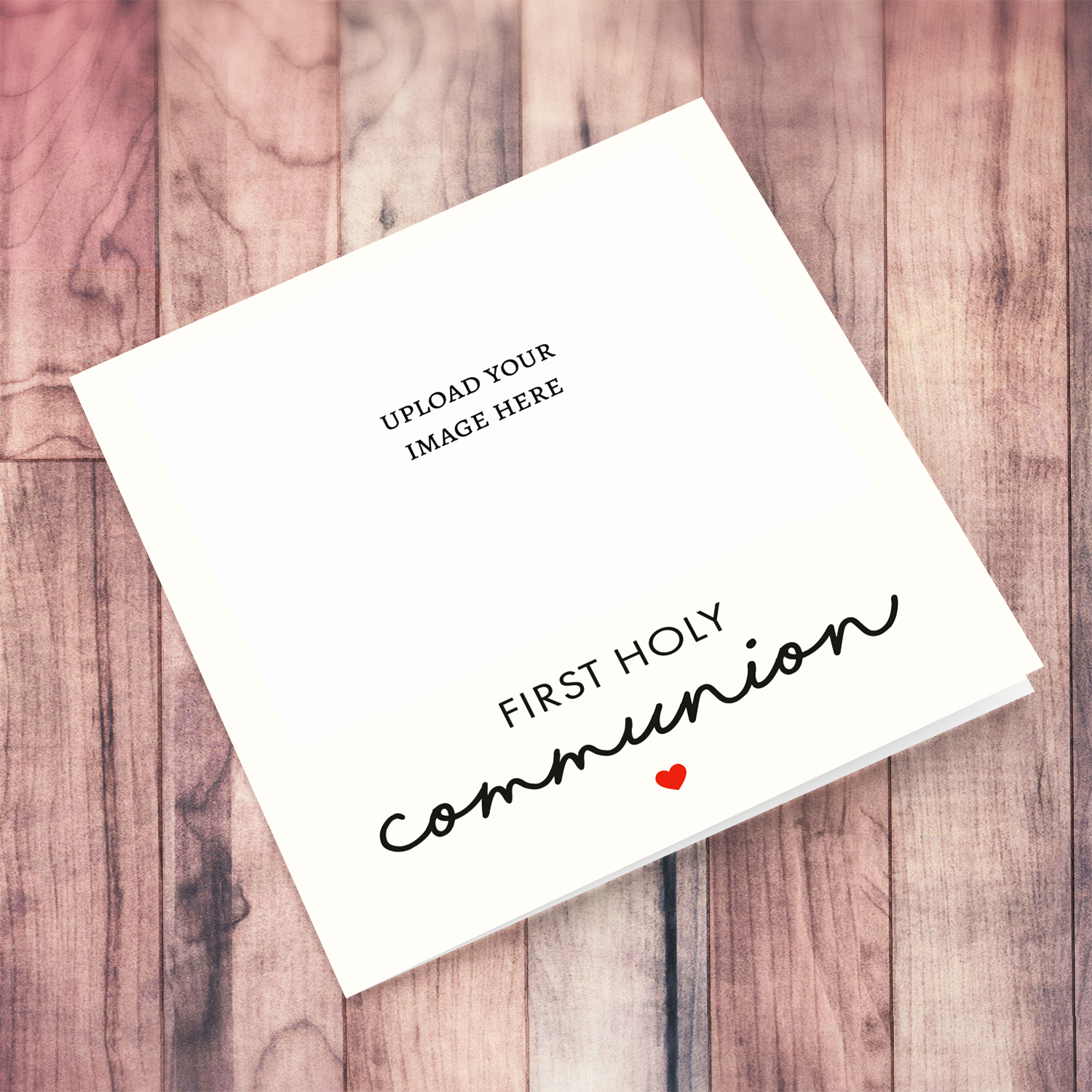 Minimalist First Holy Communion  photo card in a cream background and red heart in English (neutral & unisex)