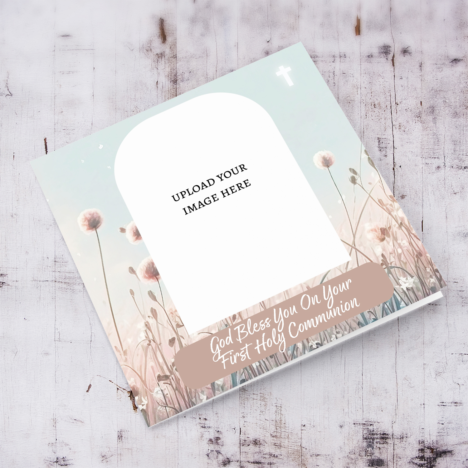 A neutral background First Holy Communion photo card in English (unisex & neutral)