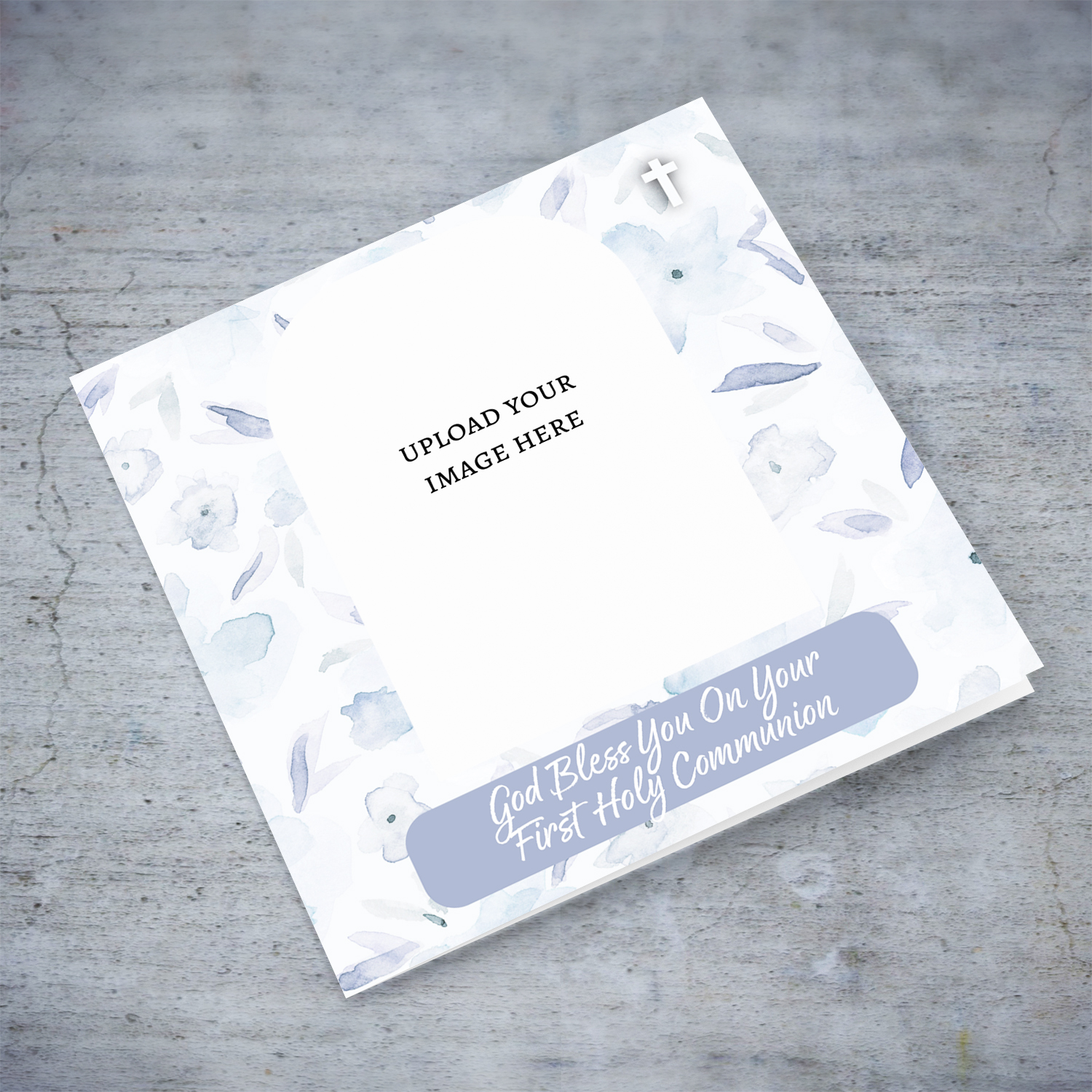 A light blue background First Holy Communion Photo card in English (unisex & neutral)