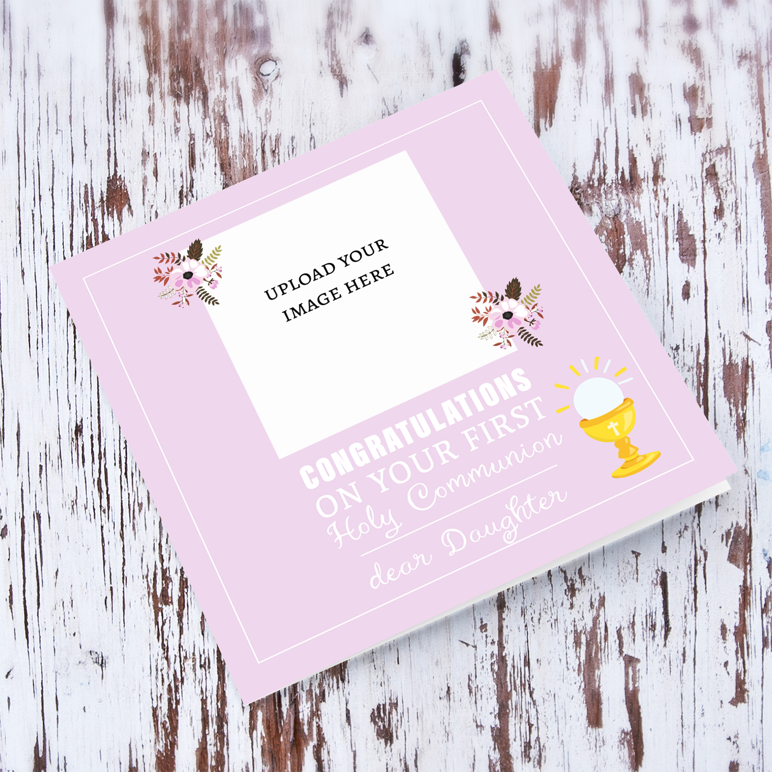  A dainty photo First Holy Communion photo card for Daughter, in a light pink / purple background with dainty florals in English