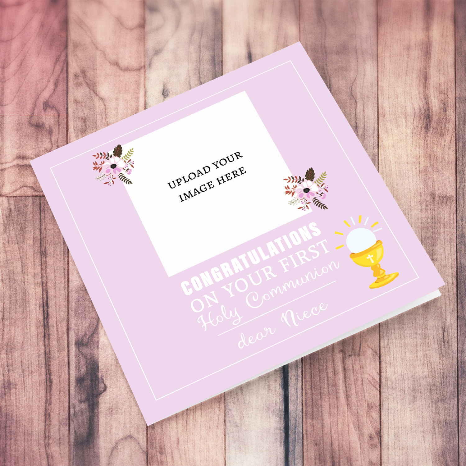  A dainty photo First Holy Communion photo card for Niece, in a light pink / purple background with dainty florals in English