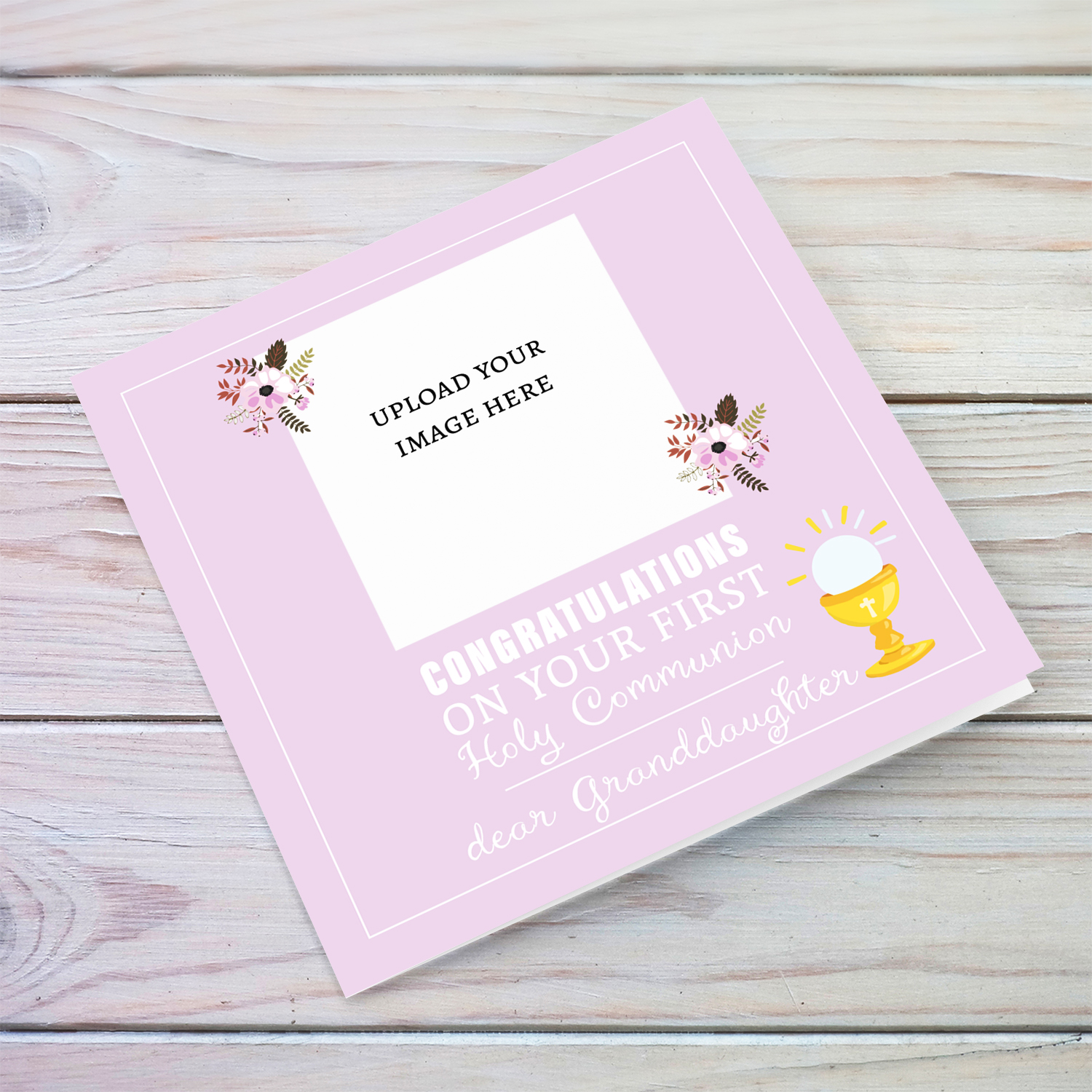  A dainty photo First Holy Communion photo card for Daughter, in a light pink / purple background with dainty florals in English