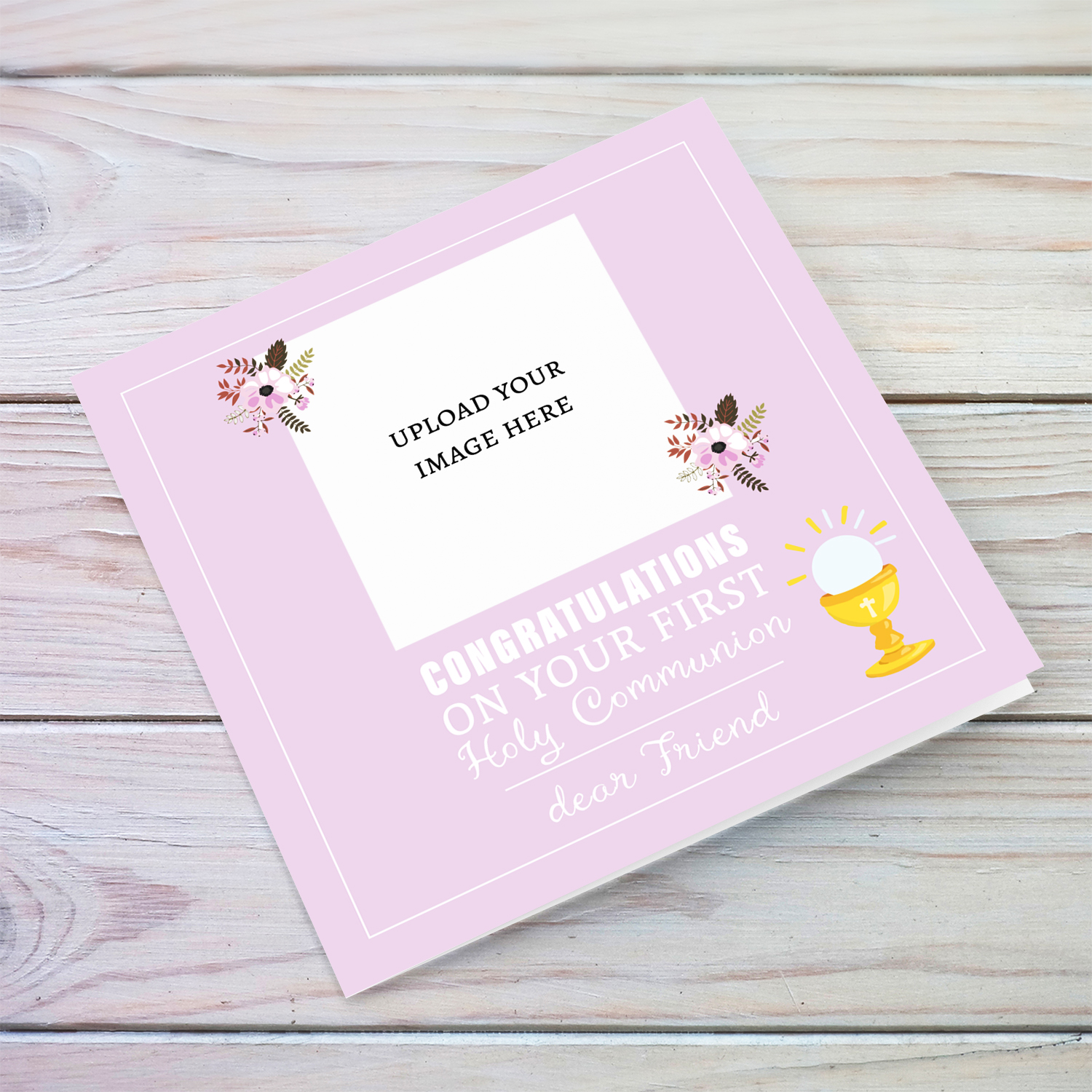 A dainty photo First Holy Communion photo card for a dear friend, in a light pink / purple background with dainty florals in English