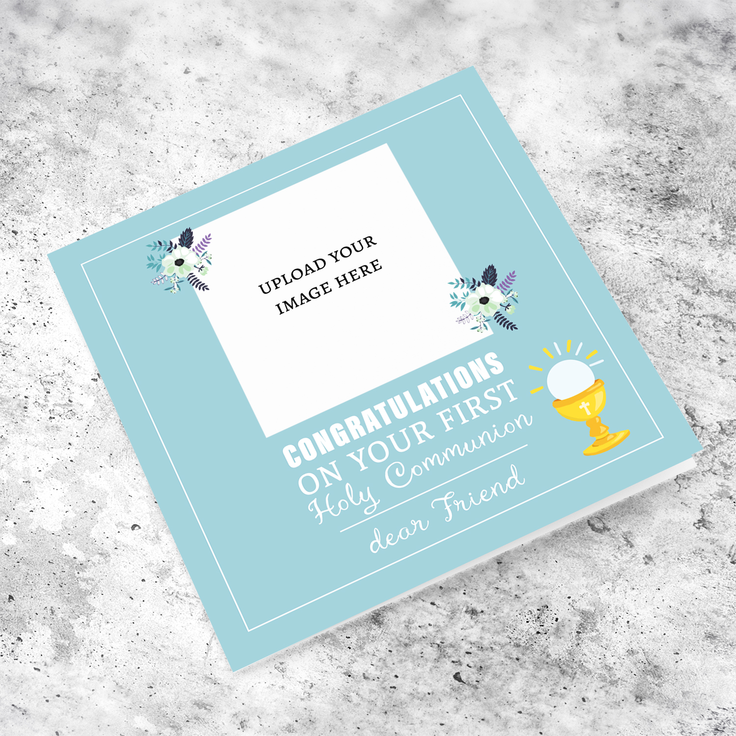 A dainty First Holy Communion photo card for a dear friend, in a blue toned background with dainty florals in English