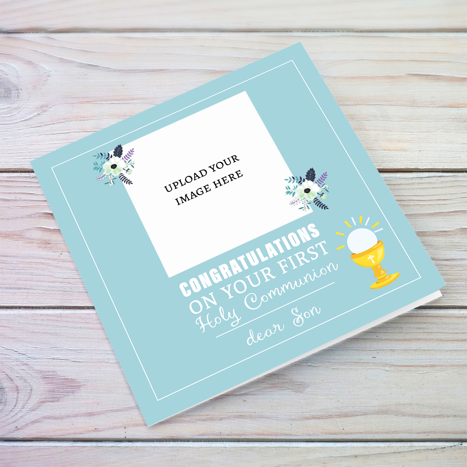 A dainty First Holy Communion photo card for Son, in a blue toned background with dainty florals in English