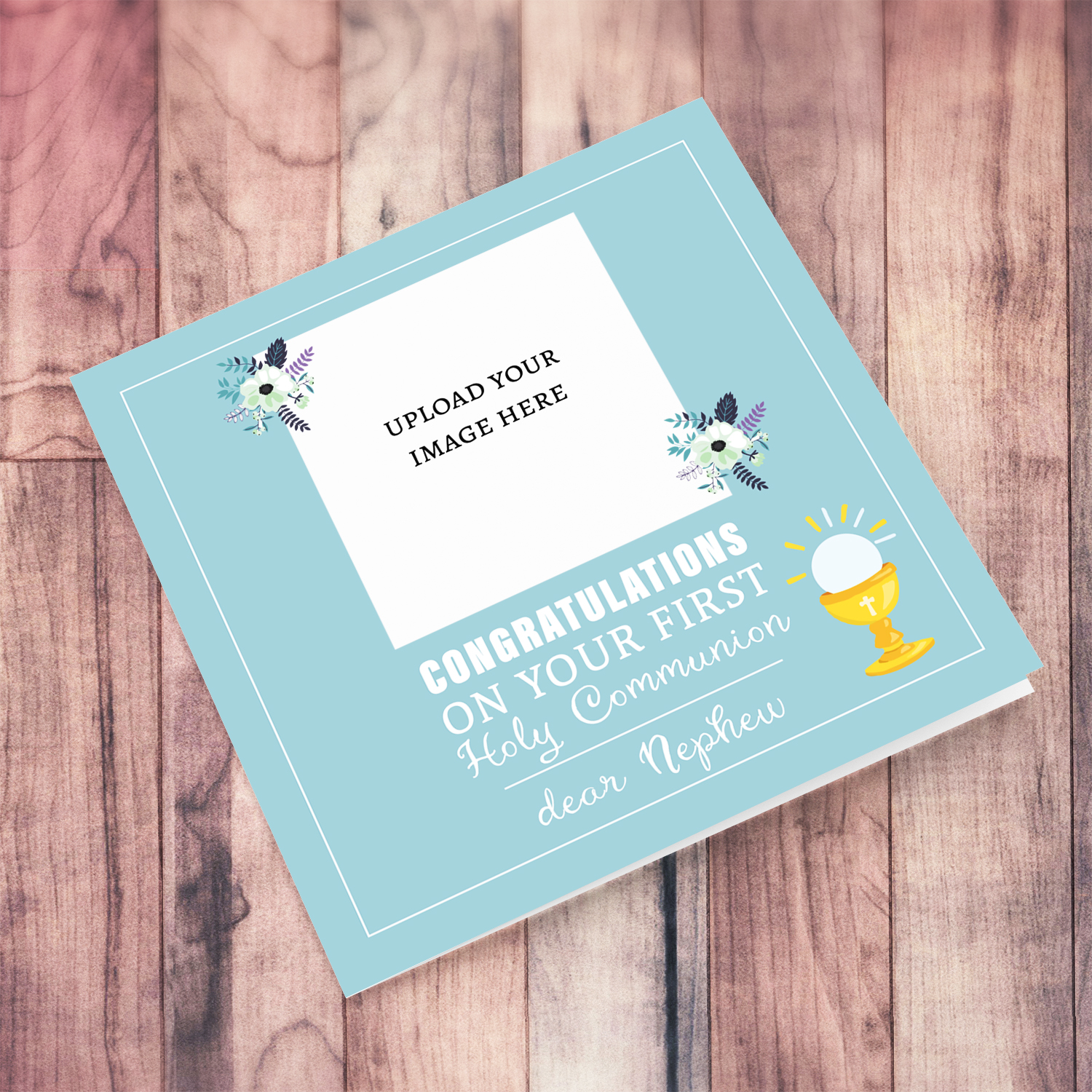 A dainty First Holy Communion photo card for Nephew, in a blue toned background with dainty florals in English