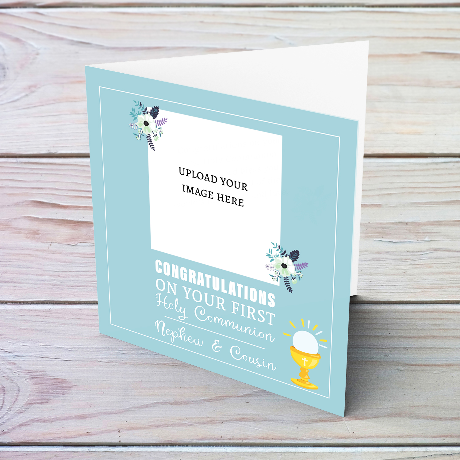 A dainty First Holy Communion photo card for Nephew & Cousin , in a blue toned background with dainty florals in English