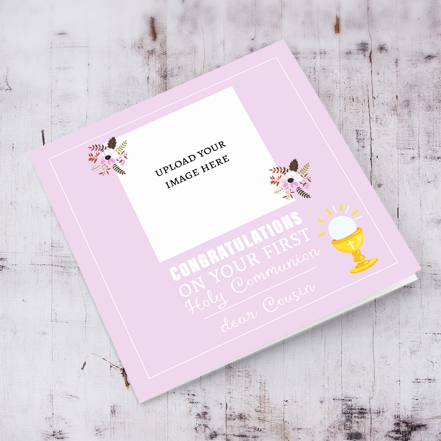 A dainty photo First Holy Communion photo card for Cousin, in a light pink / purple background with dainty florals in English
