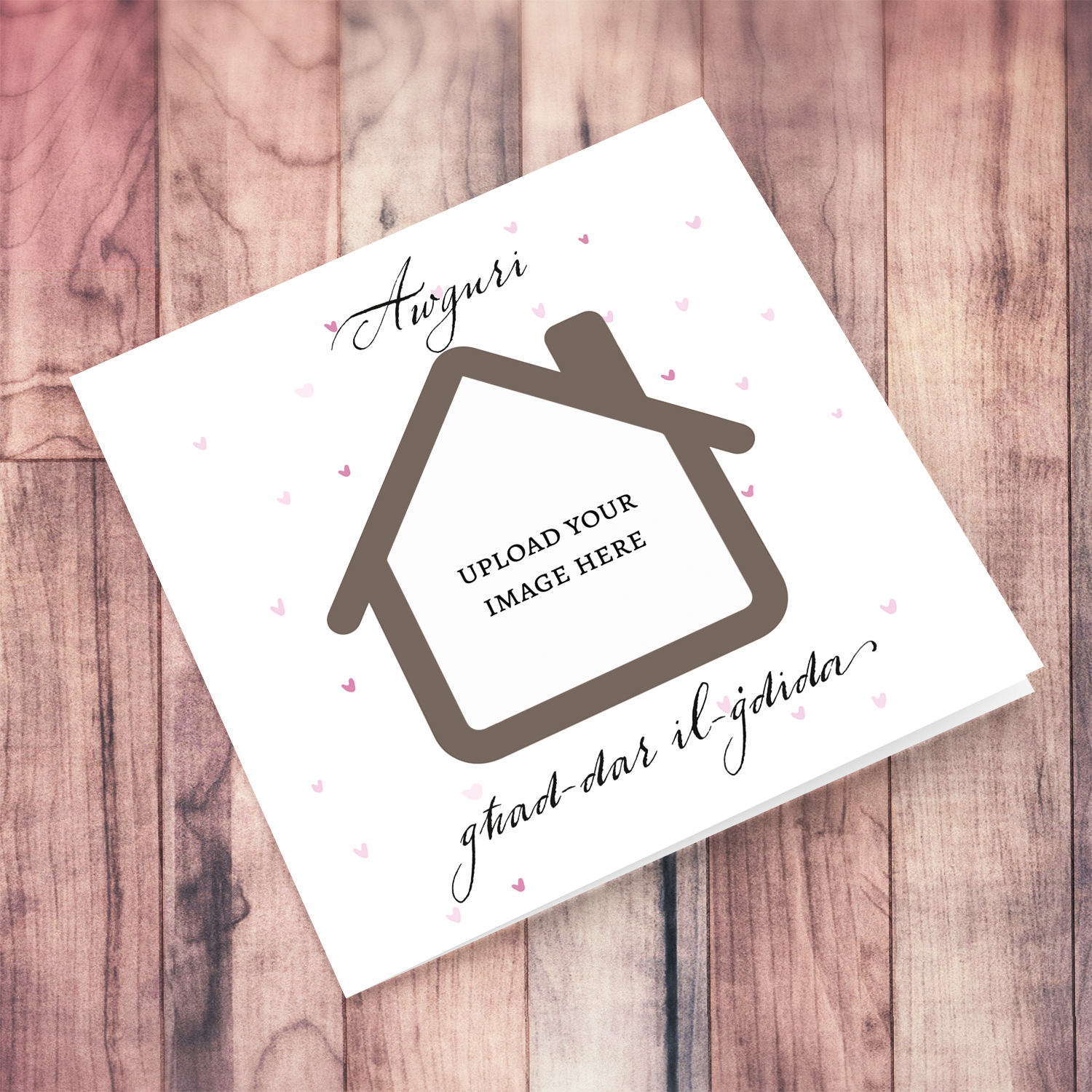 New home photo greeting card with scattered pink hearts in Maltese