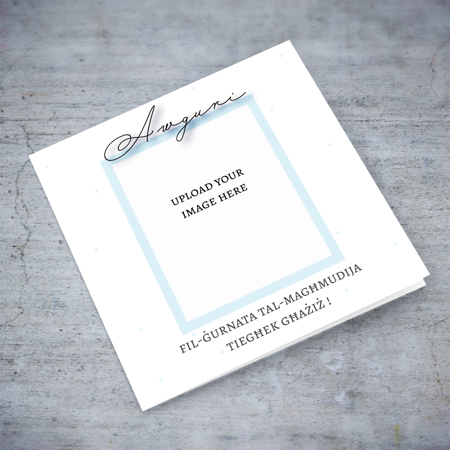 Minimalist Photo baptism card with light blue border in Maltese
