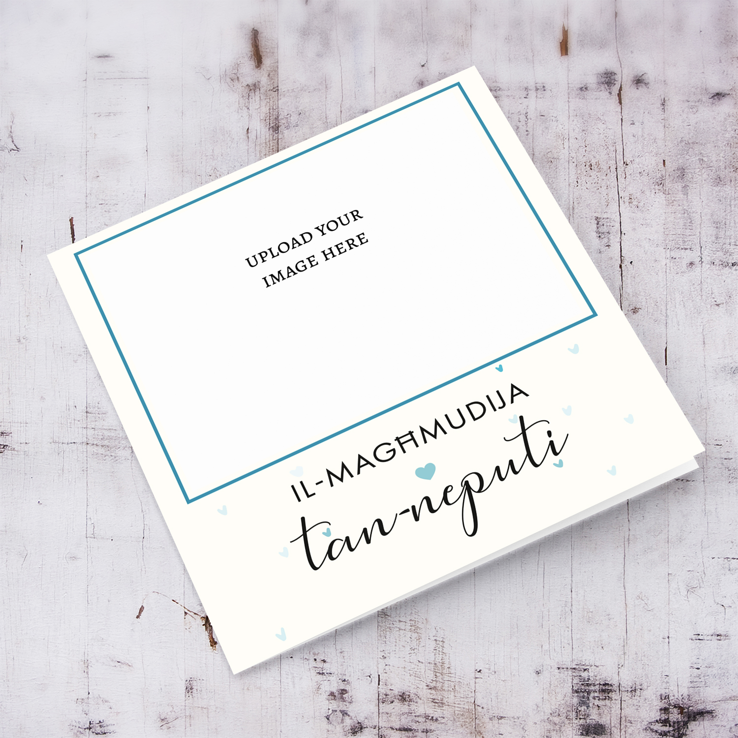Minimalist photo baptism card for Nephew with scattered blue hearts in Maltese