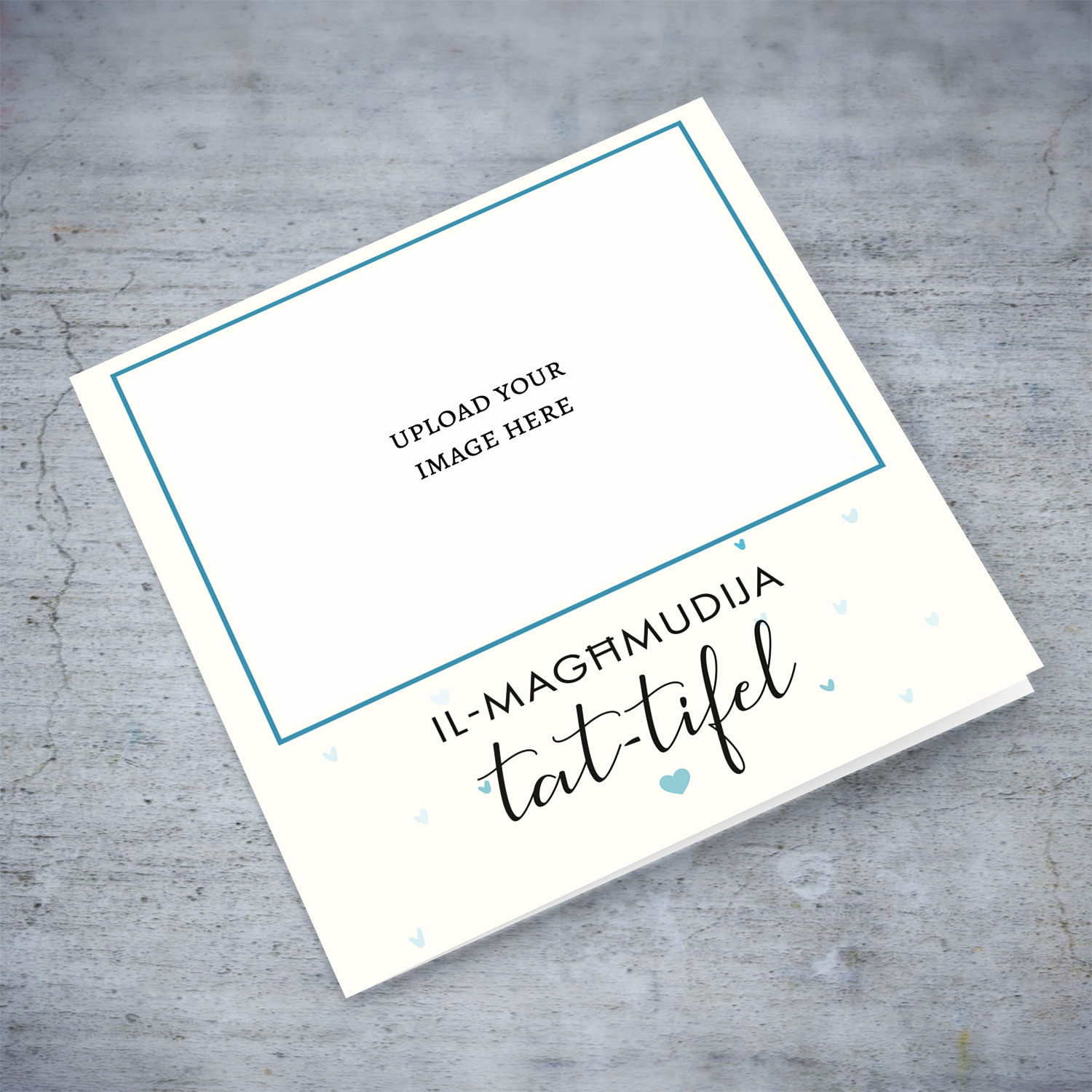 Minimalist photo baptism card for Son with scattered blue hearts in Maltese