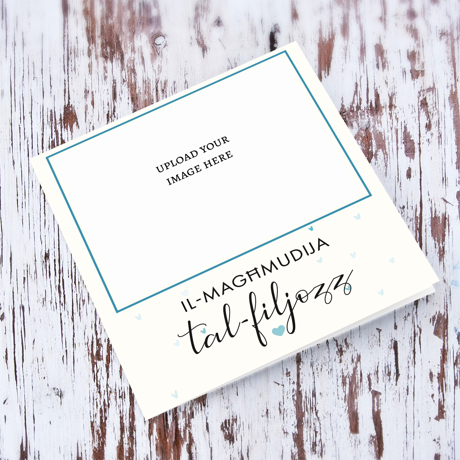 Minimalist photo baptism card for Godson with scattered blue hearts in Maltese