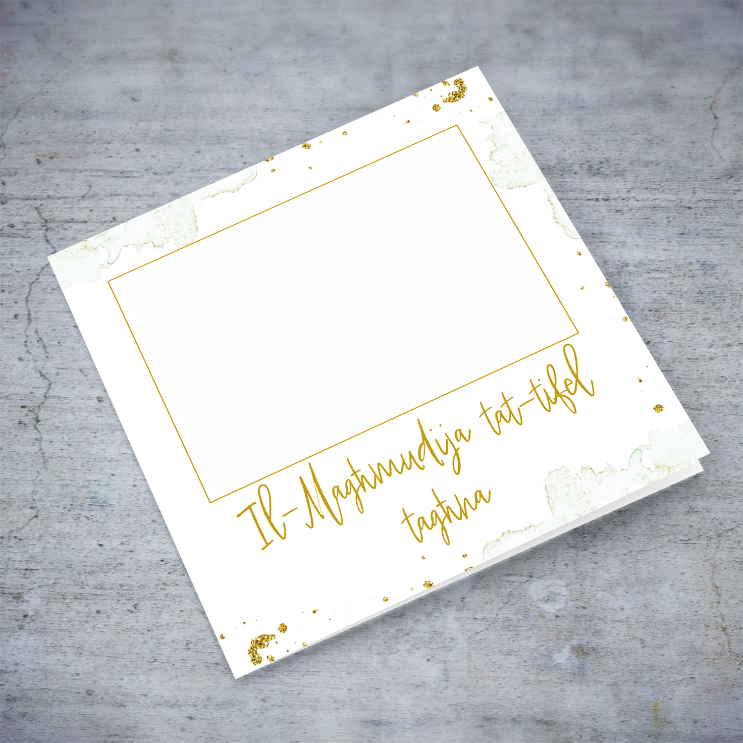Baptism photo card for Son with golden text and photo border in Maltese