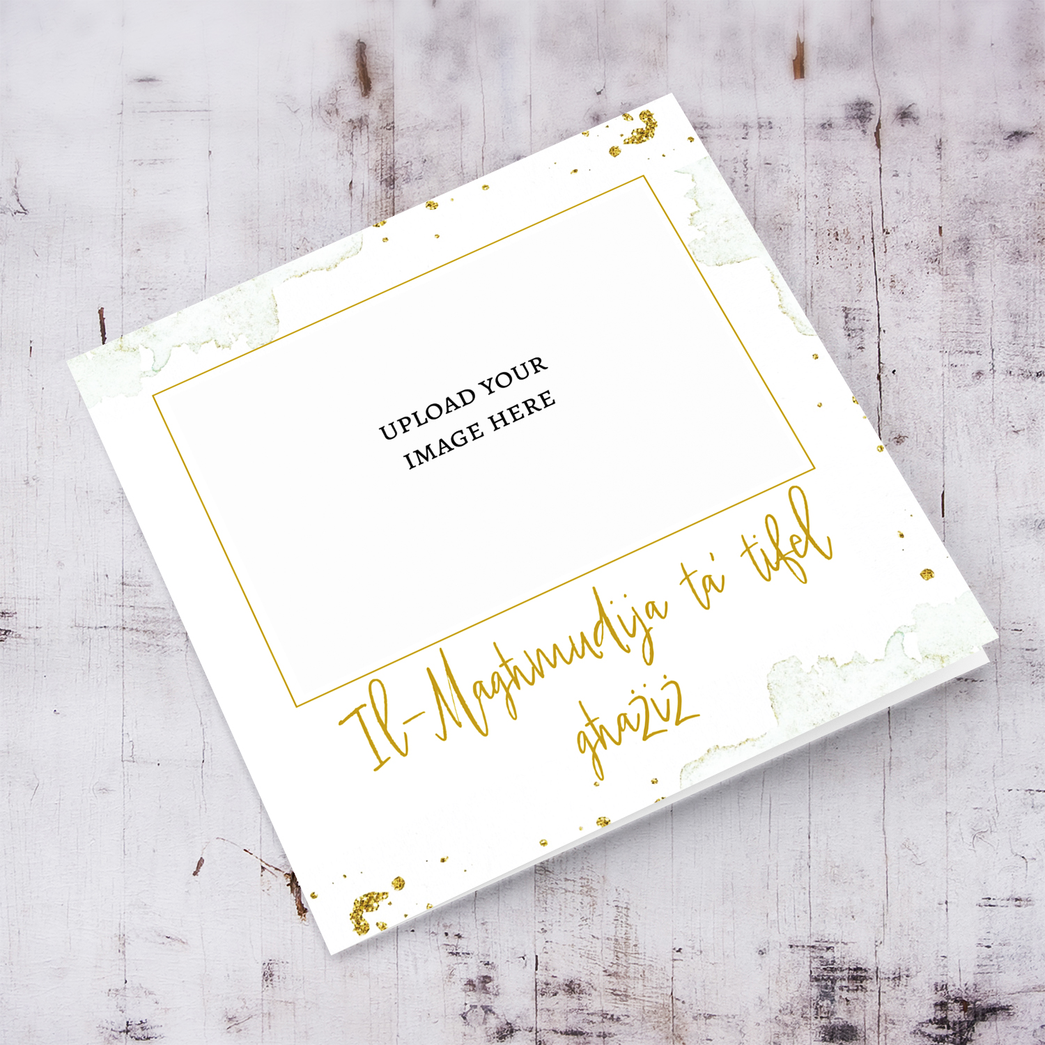 Baptism photo card for a dear boy with golden text and photo border in Maltese