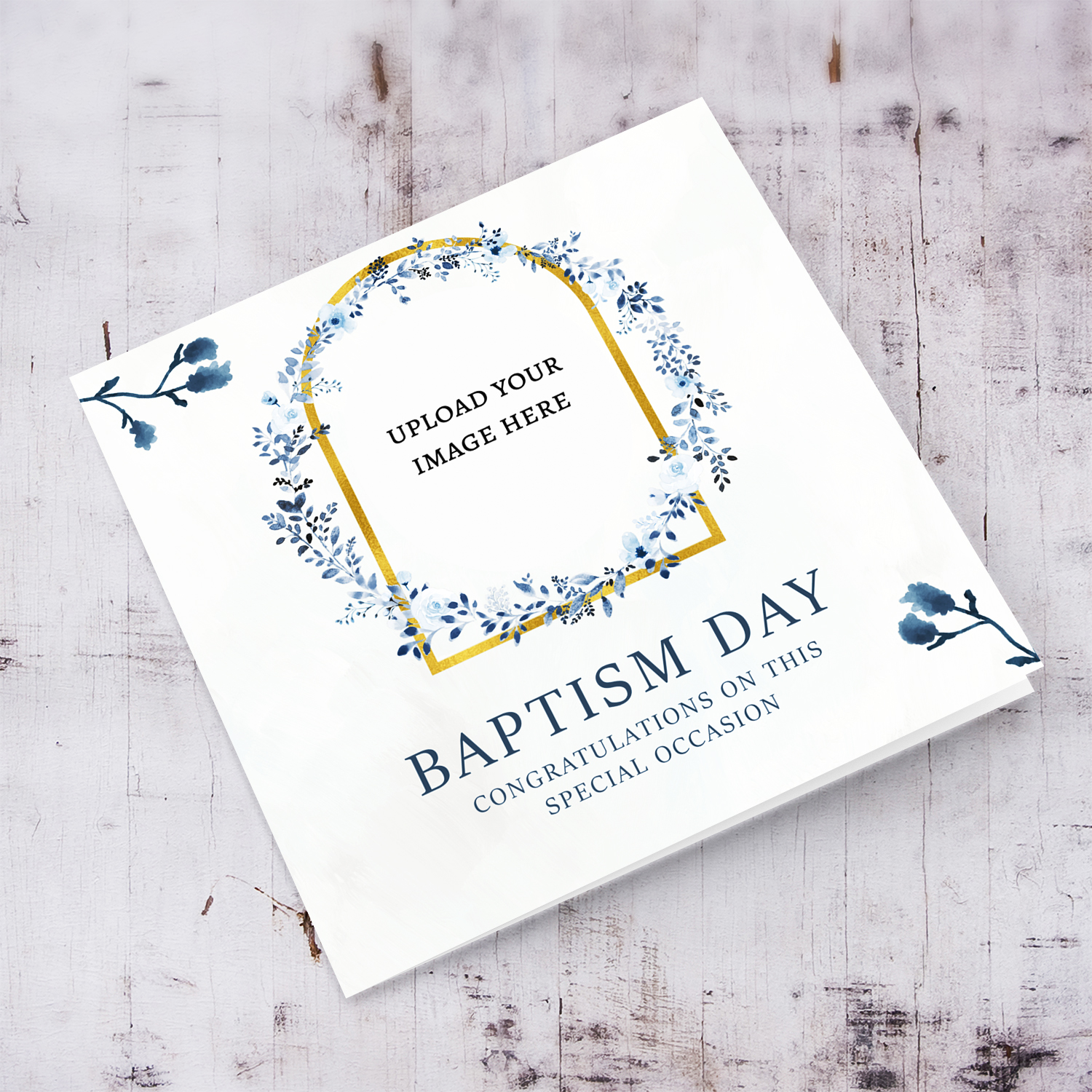 Dainty and elegant photo baptism card in blue flower wreath in English