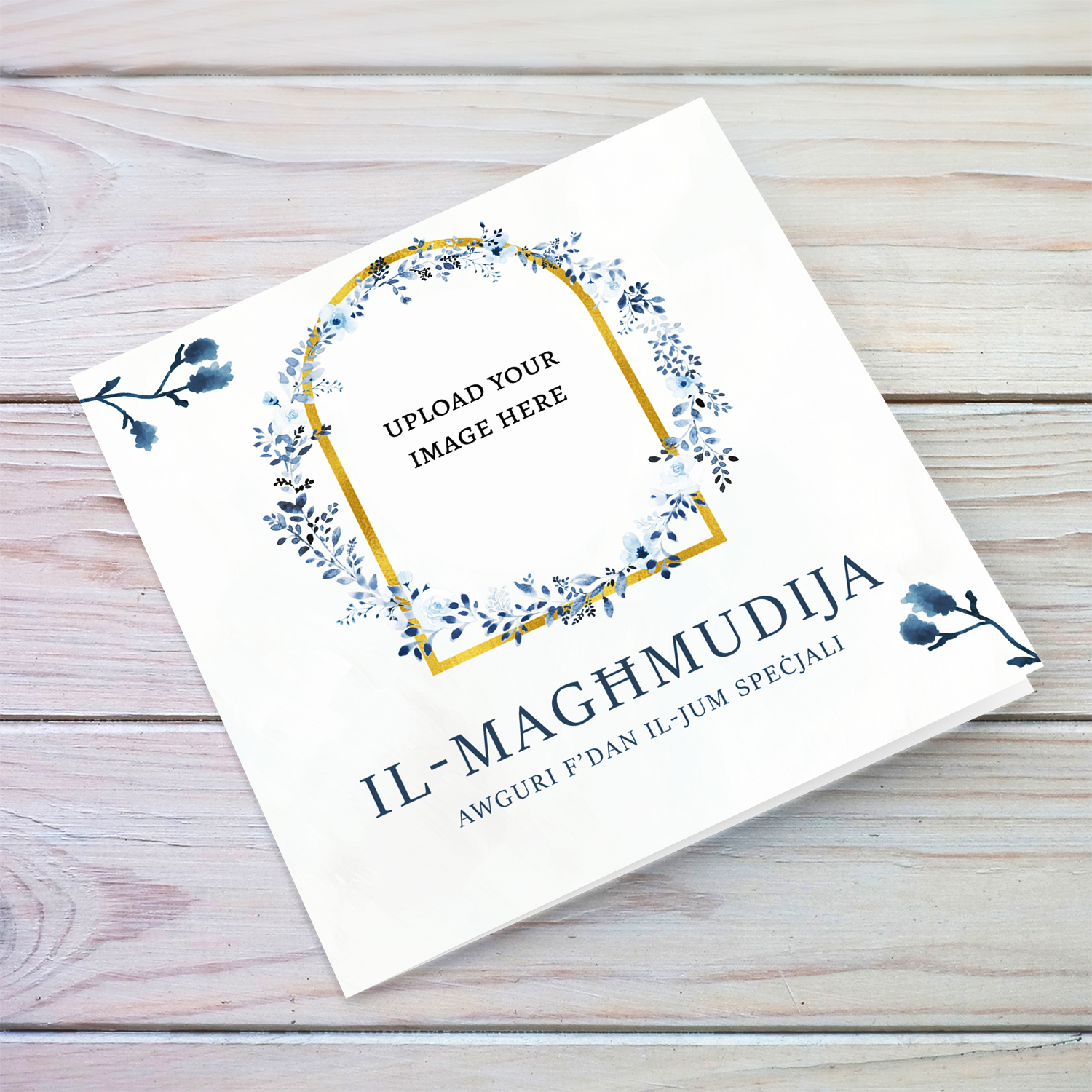 Dainty and elegant photo baptism card in blue flower wreath in Maltese
