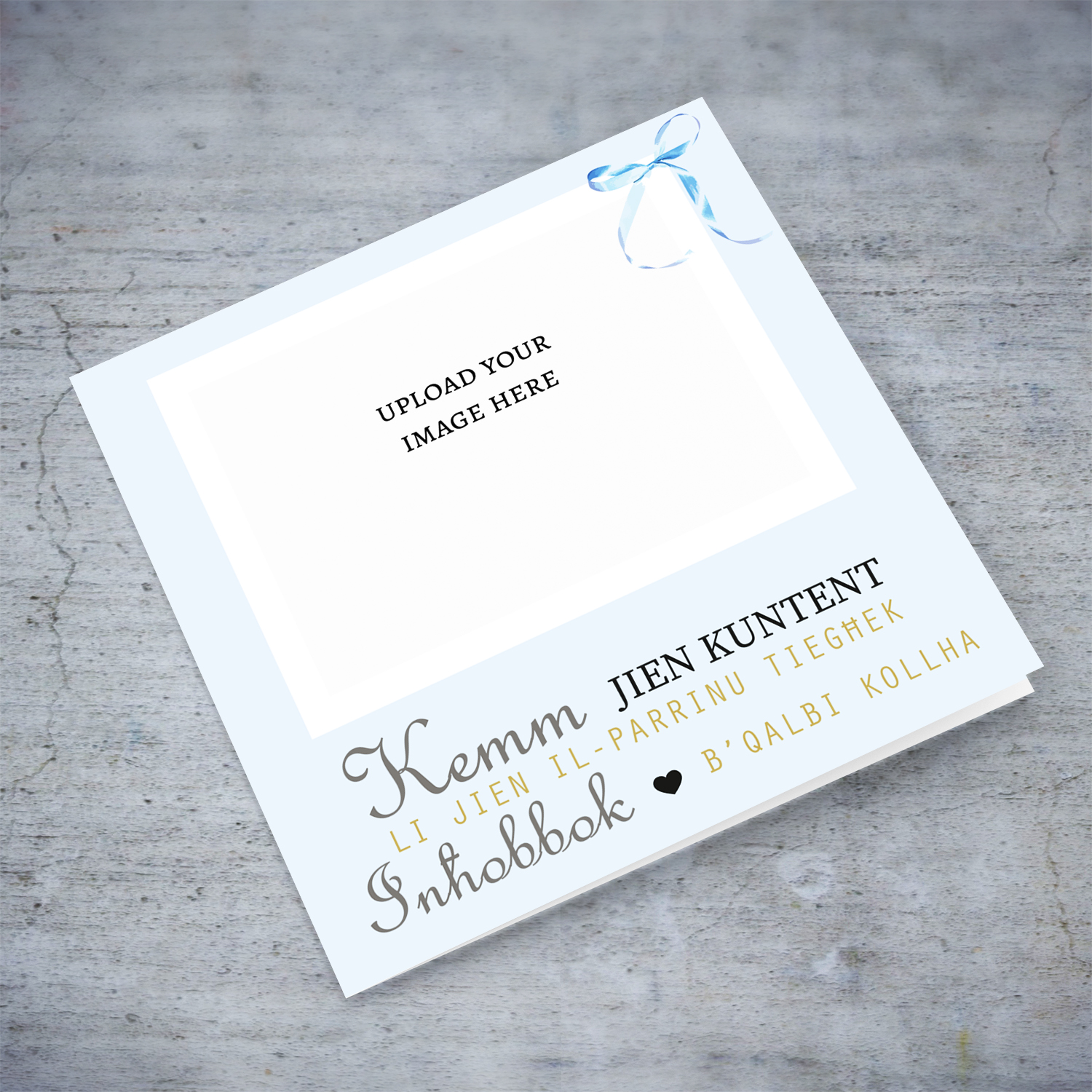 So happy to be your Godfather photo baptism card for boys in light blue background featuring a cute petite blue bow in Maltese