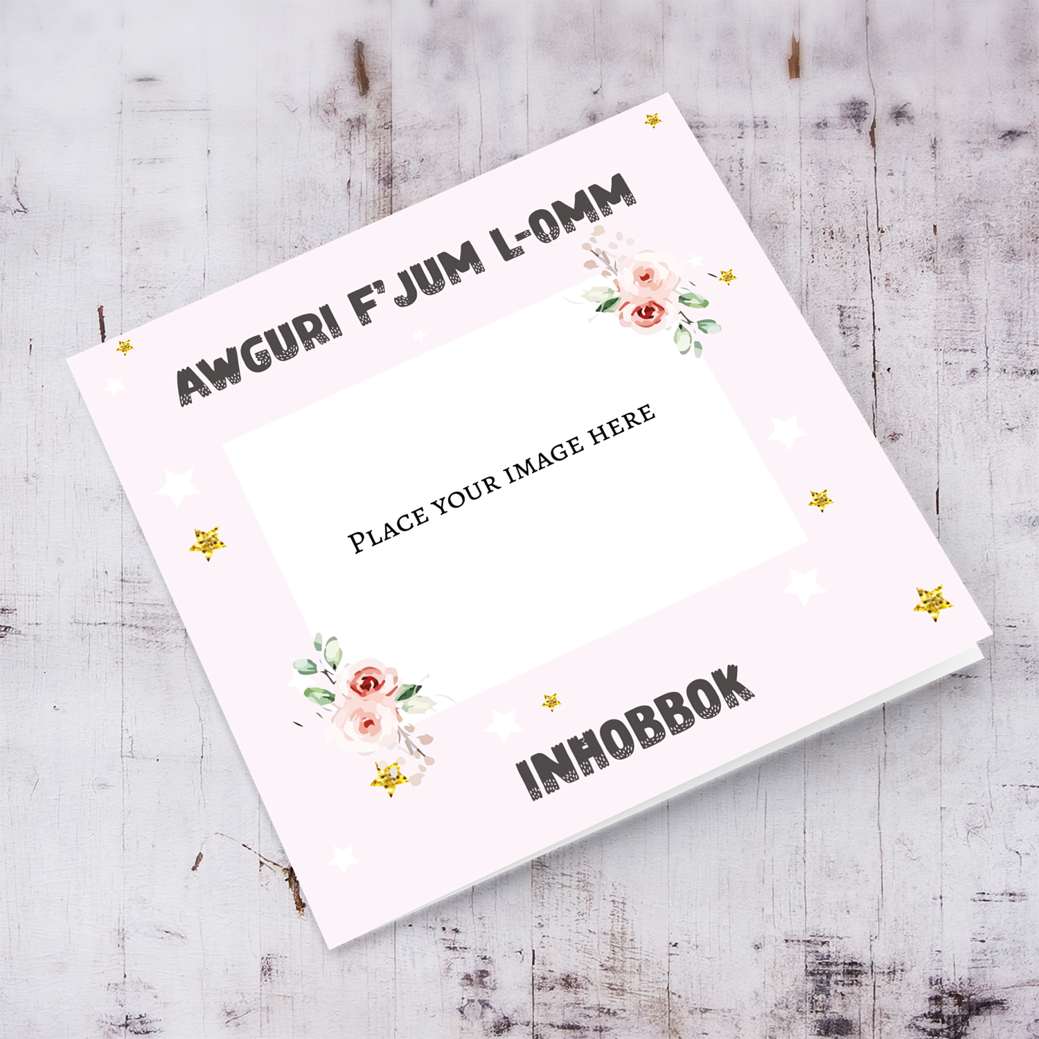 Pink Background Mother's Day Photo card with flowers and stars in Maltese