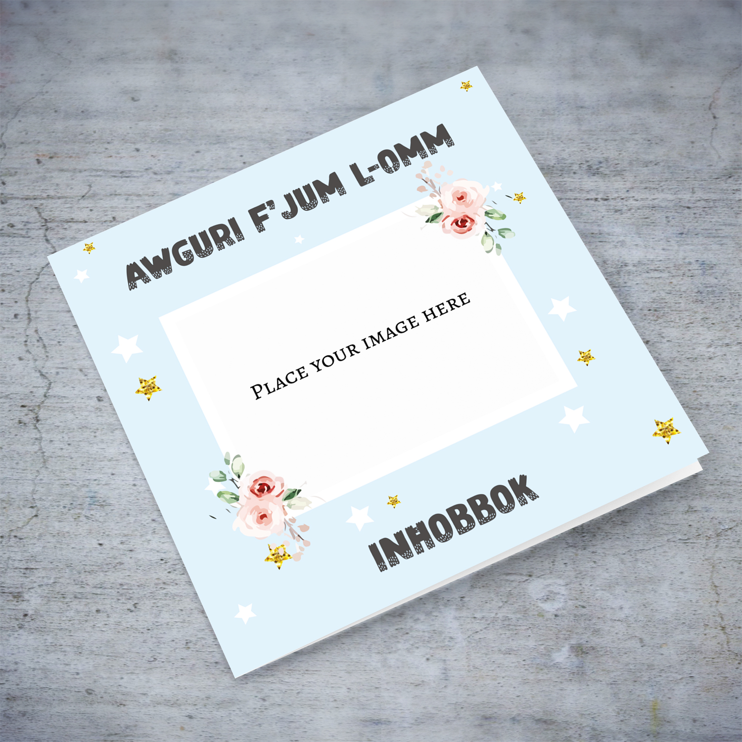 Light blue Background Mother's Day Photo card with flowers and stars in Maltese