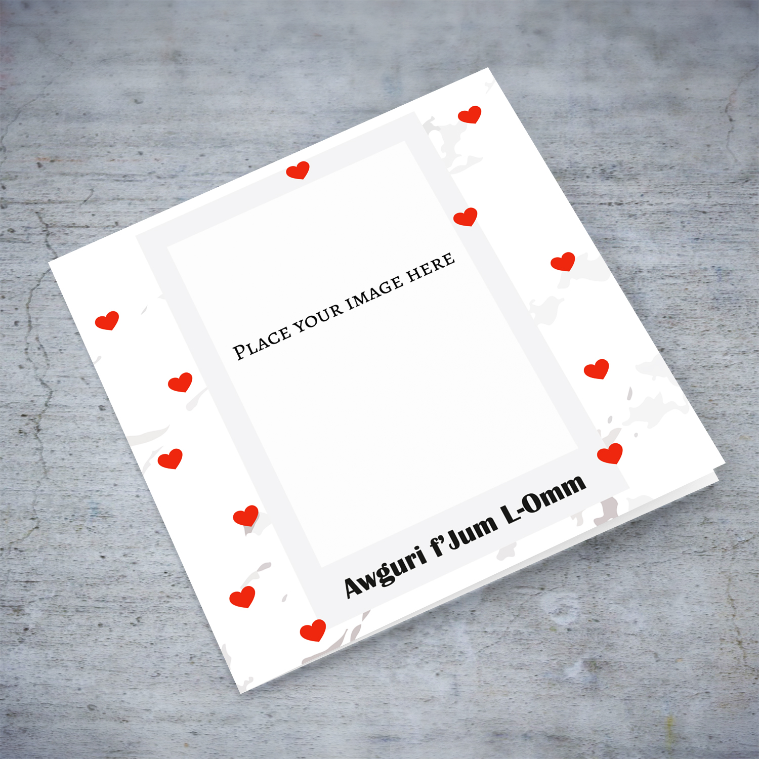 Marbled background mother's day photo card with scattered red hearts in Maltese
