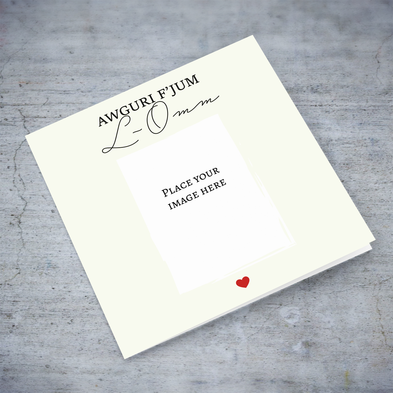 Minimalistic photo mother's day card with small red heart in Maltese