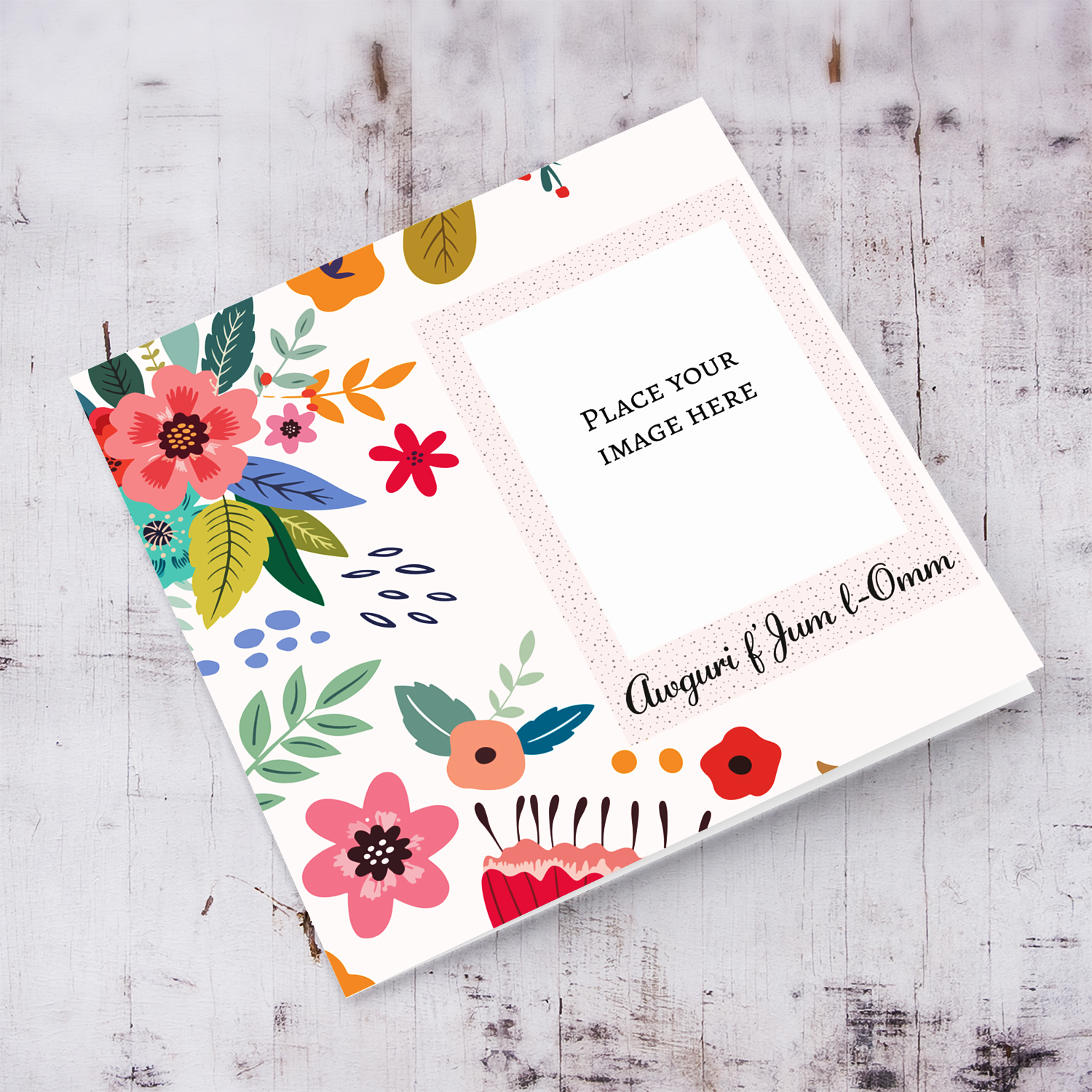 Colourful flowers mother's day photo card in light pink background in Maltese