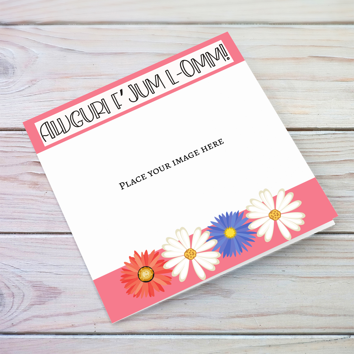 Bright pink border (on top and bottom) mother's day photo card, with colourful flowers in Maltese