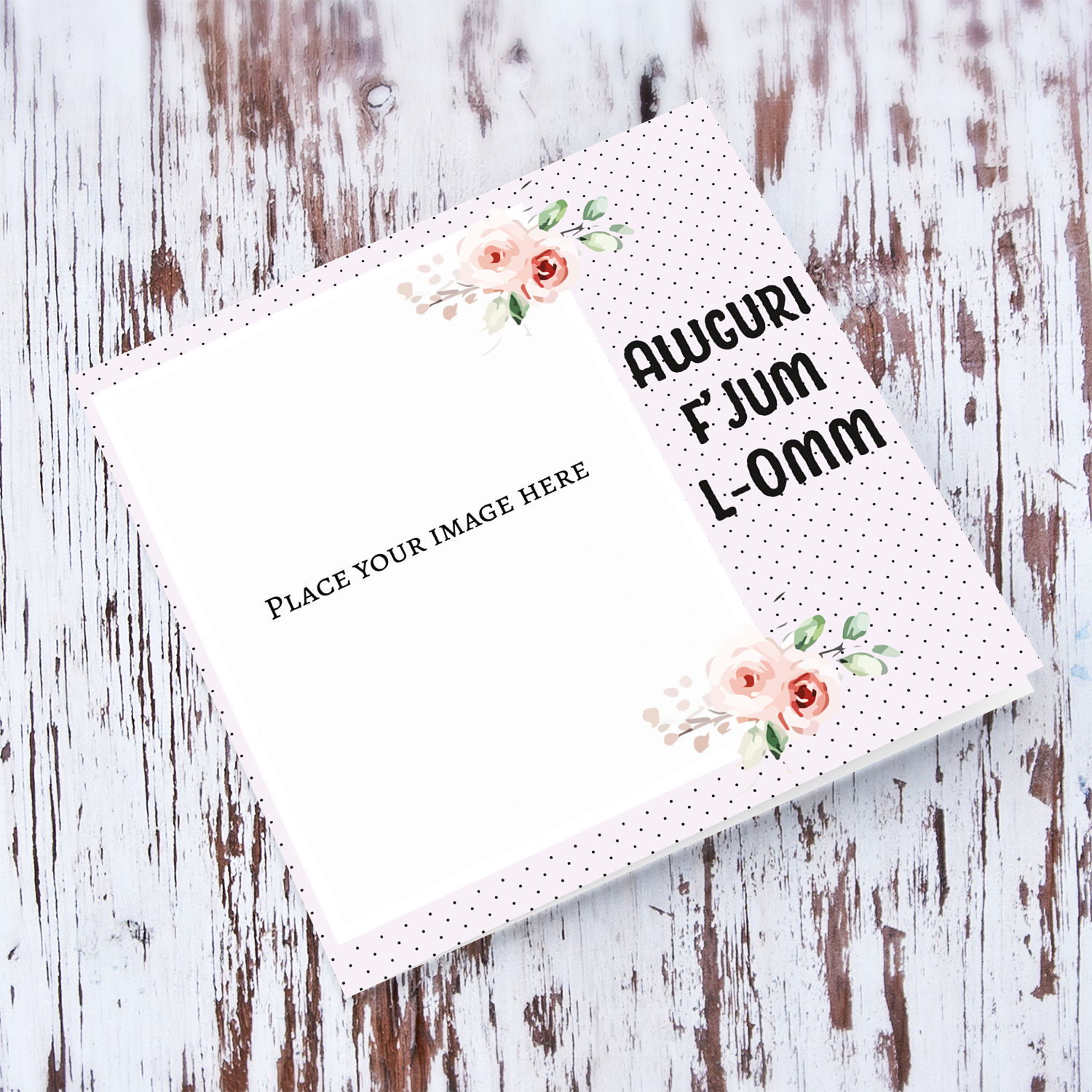 Light pink with dotted background and flowers photo mother's day card in Maltese 