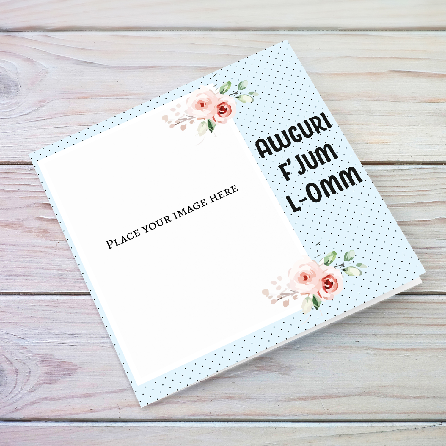 Light blue with dotted background and flowers photo mother's day card in Maltese 
