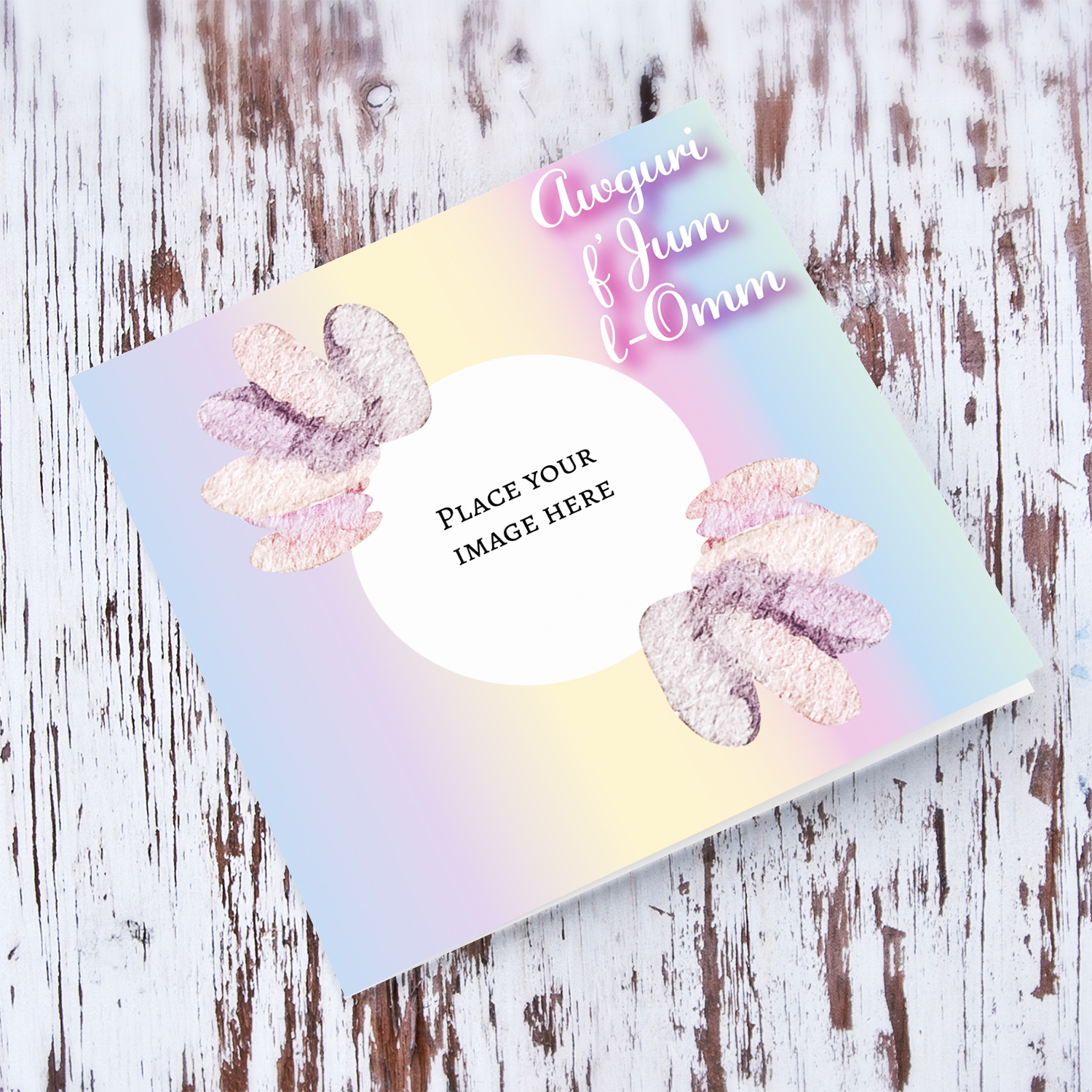 Rainbow pastel coloured background with soft watercolour petals photo mother's day card in Maltese