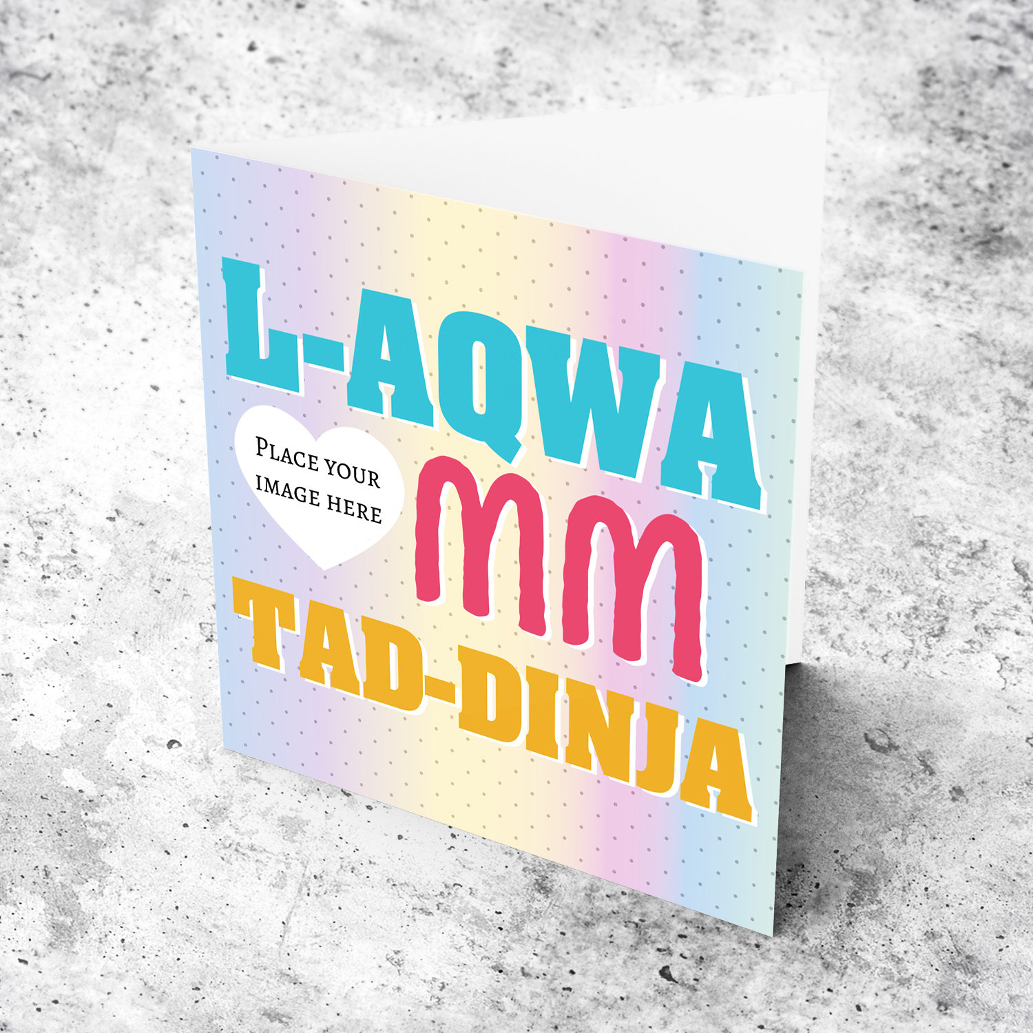 Rainbow coloured background with dots, heart photo shaped mother's day card in Maltese
