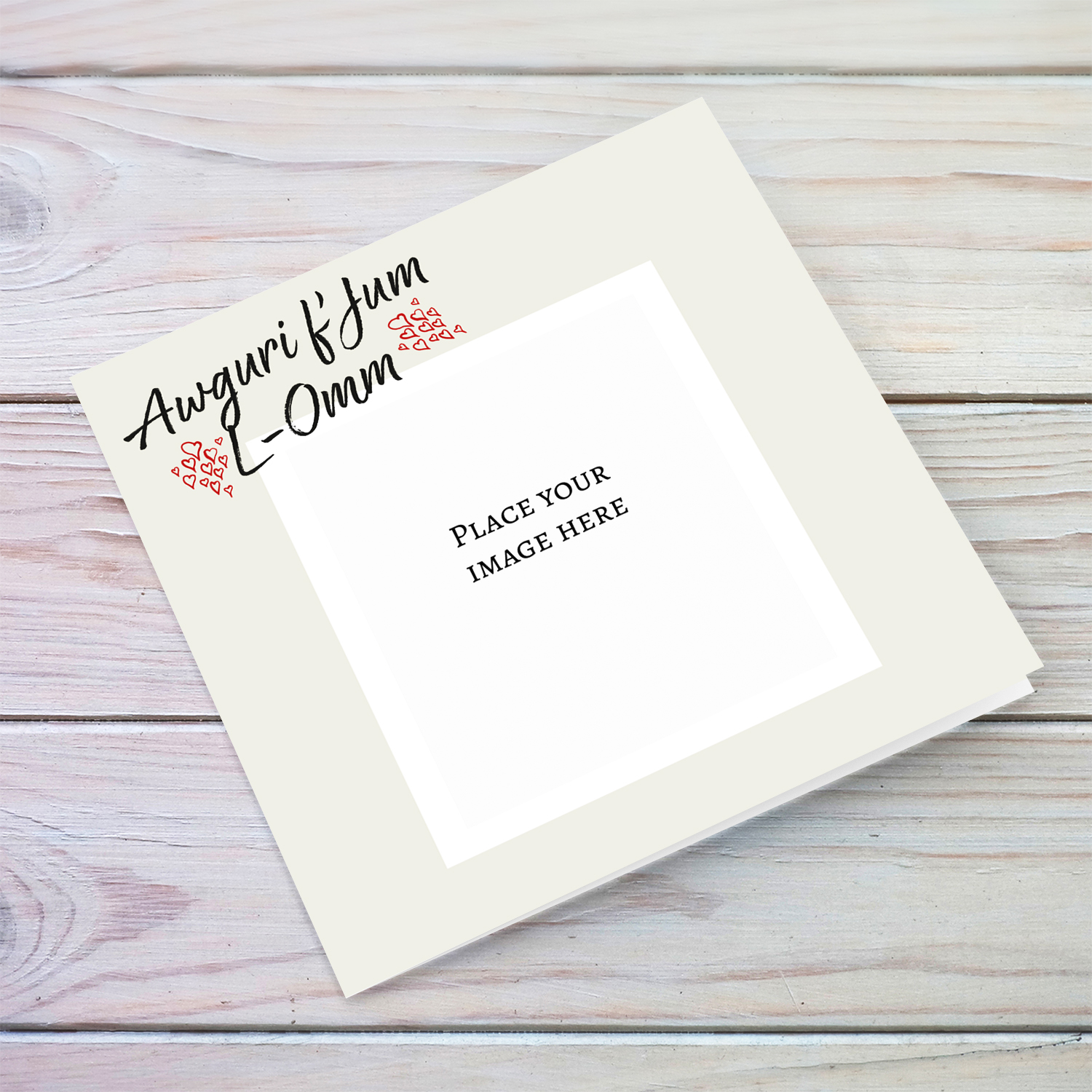 Minimalistic mother's day photo card with red hearts in Maltese
