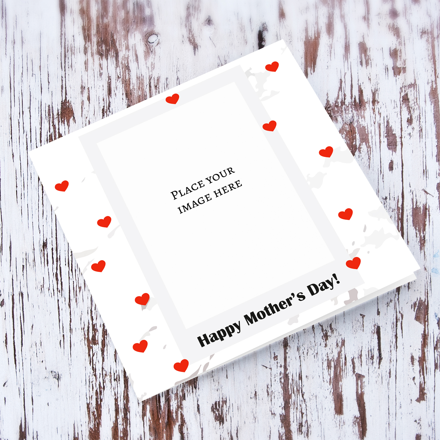 Marbled background mother's day photo card with scattered red hearts in English