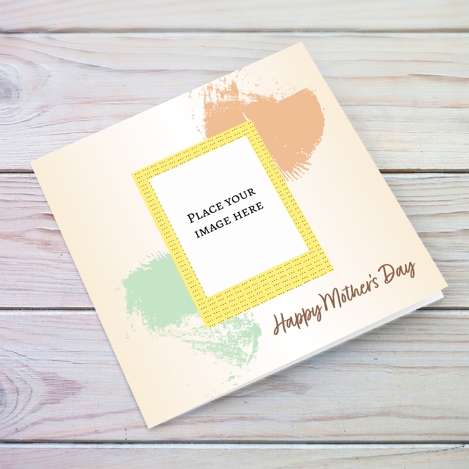 Light background with green and brown brush strokes photo mother's day card in English