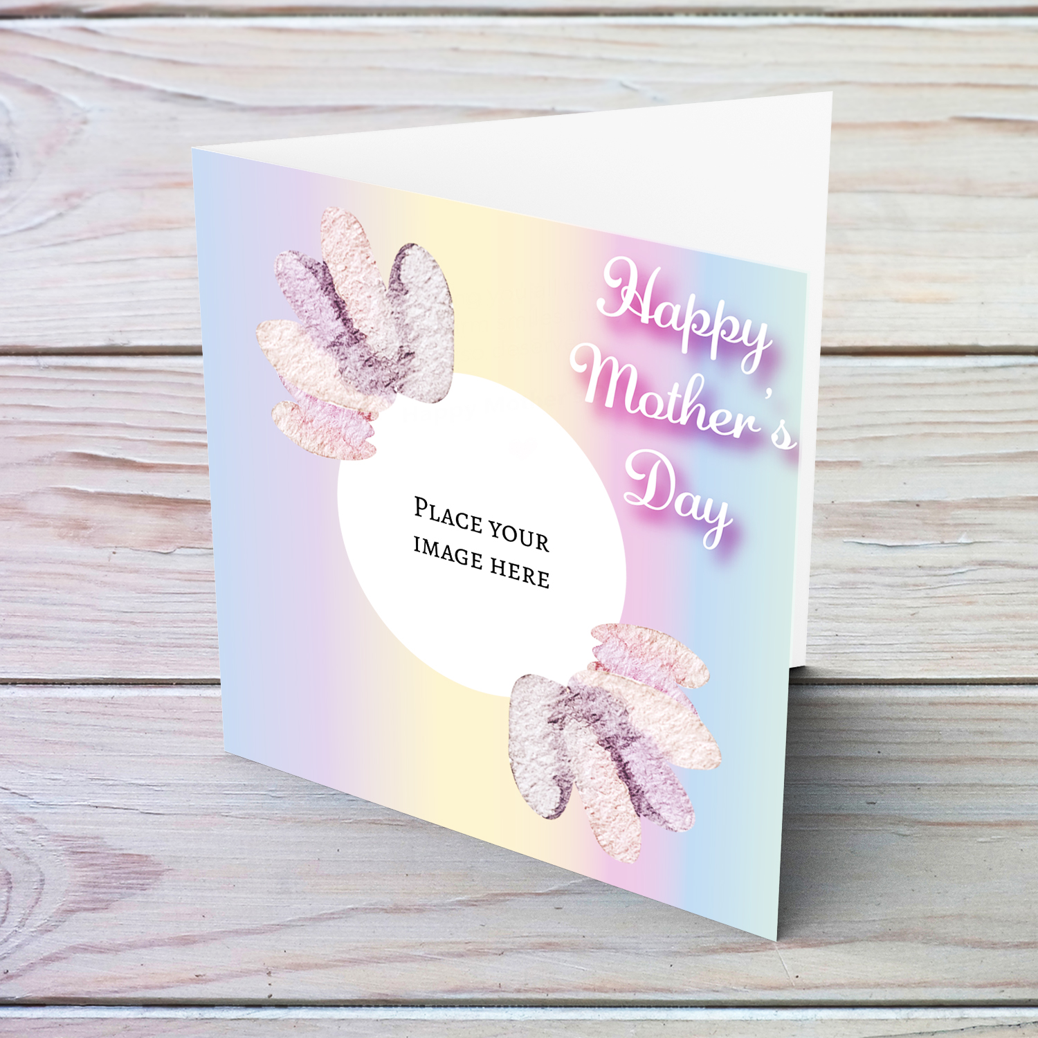 Rainbow pastel coloured background with soft watercolour petals photo mother's day card in English
